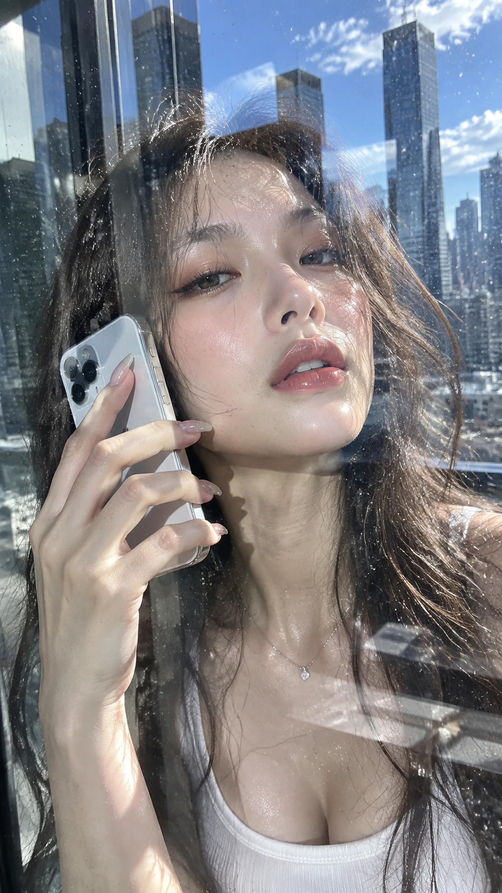 年轻亚洲女生，长黑棕色自然微卷长发，发丝被阳光照出细碎高光，精致清透妆容，暖棕色