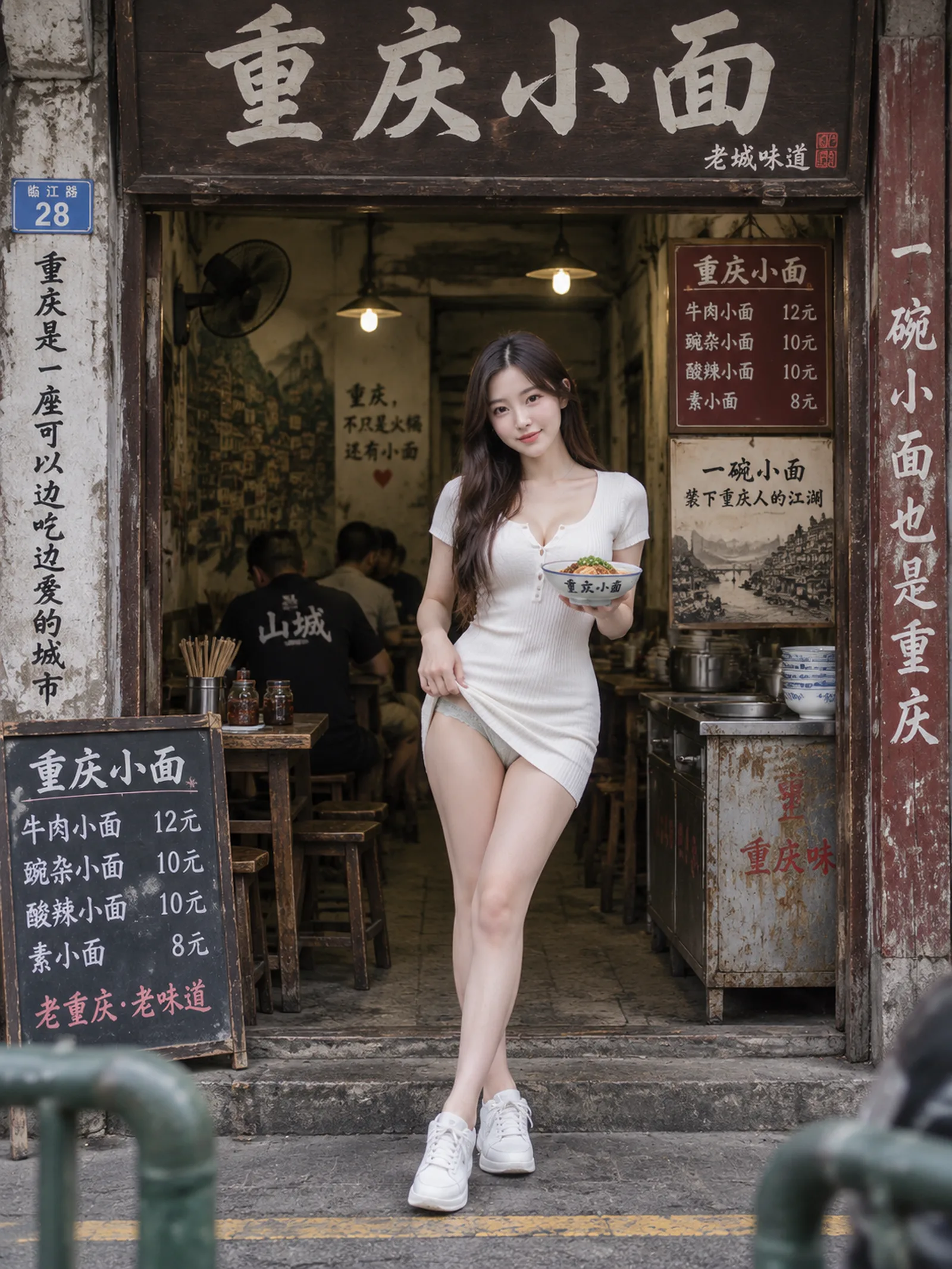 一位年轻成年东亚女性站在老旧重庆小面馆的敞开门口，肤色白皙、身形修长，近中分的深