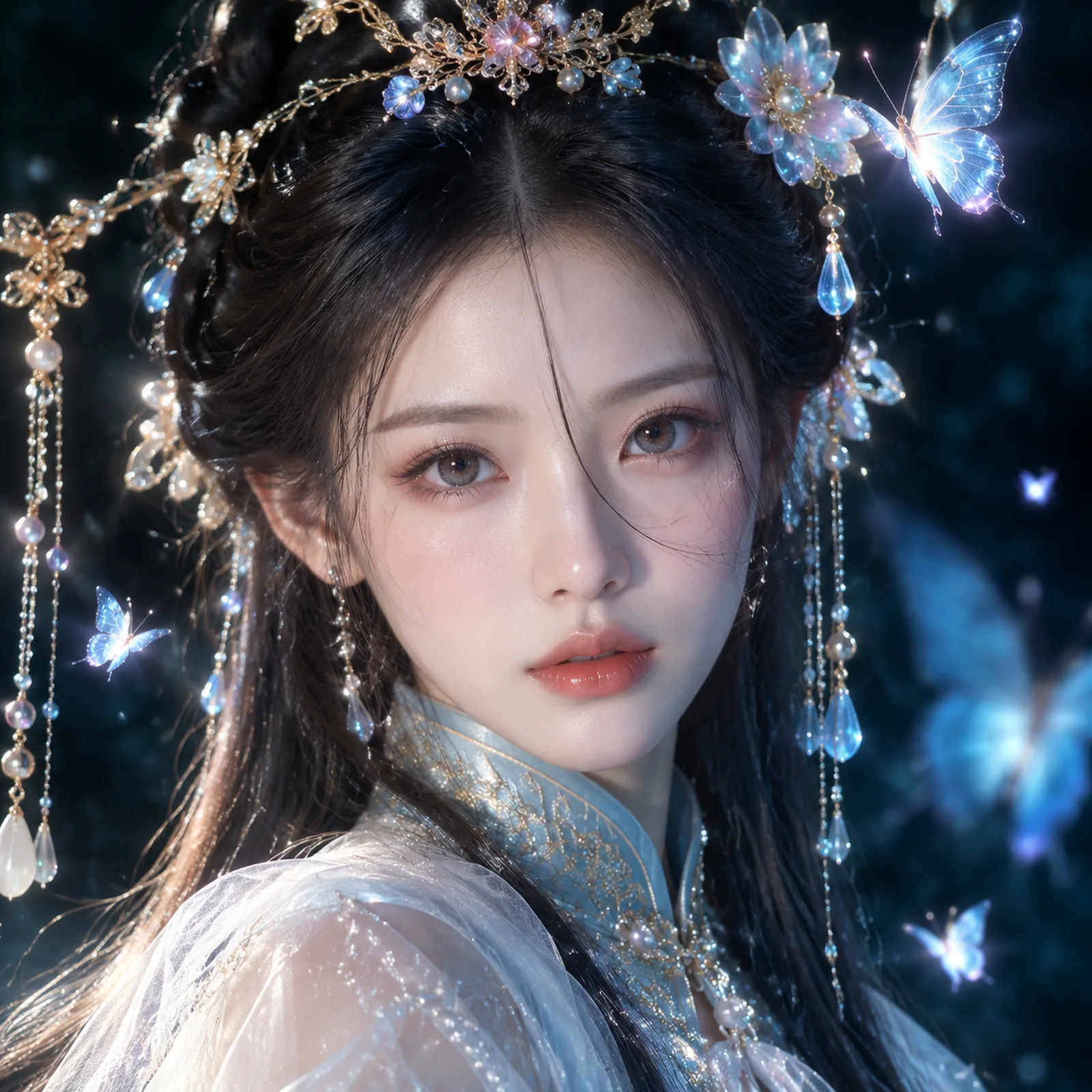 1:1方形构图，超写实东方古风电影人像摄影，极致唯美，高级东方幻想美学，明确成年