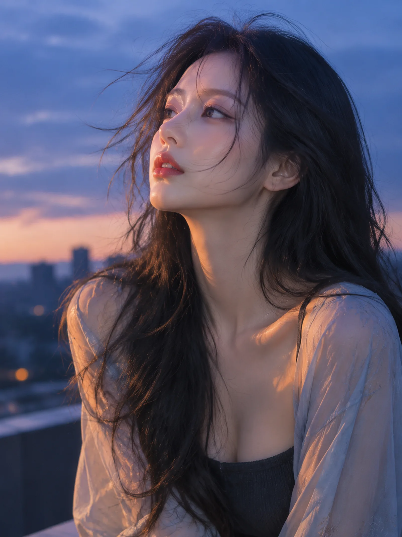 蓝调黄昏氛围感写真人像，竖版构图，近景到半身特写，成年东亚女性，脸型小巧精致，五