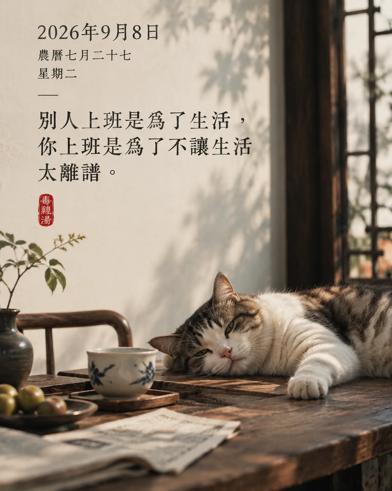 根據日期自動準確生成對應的中國農曆、星期與一句當日毒雞湯。