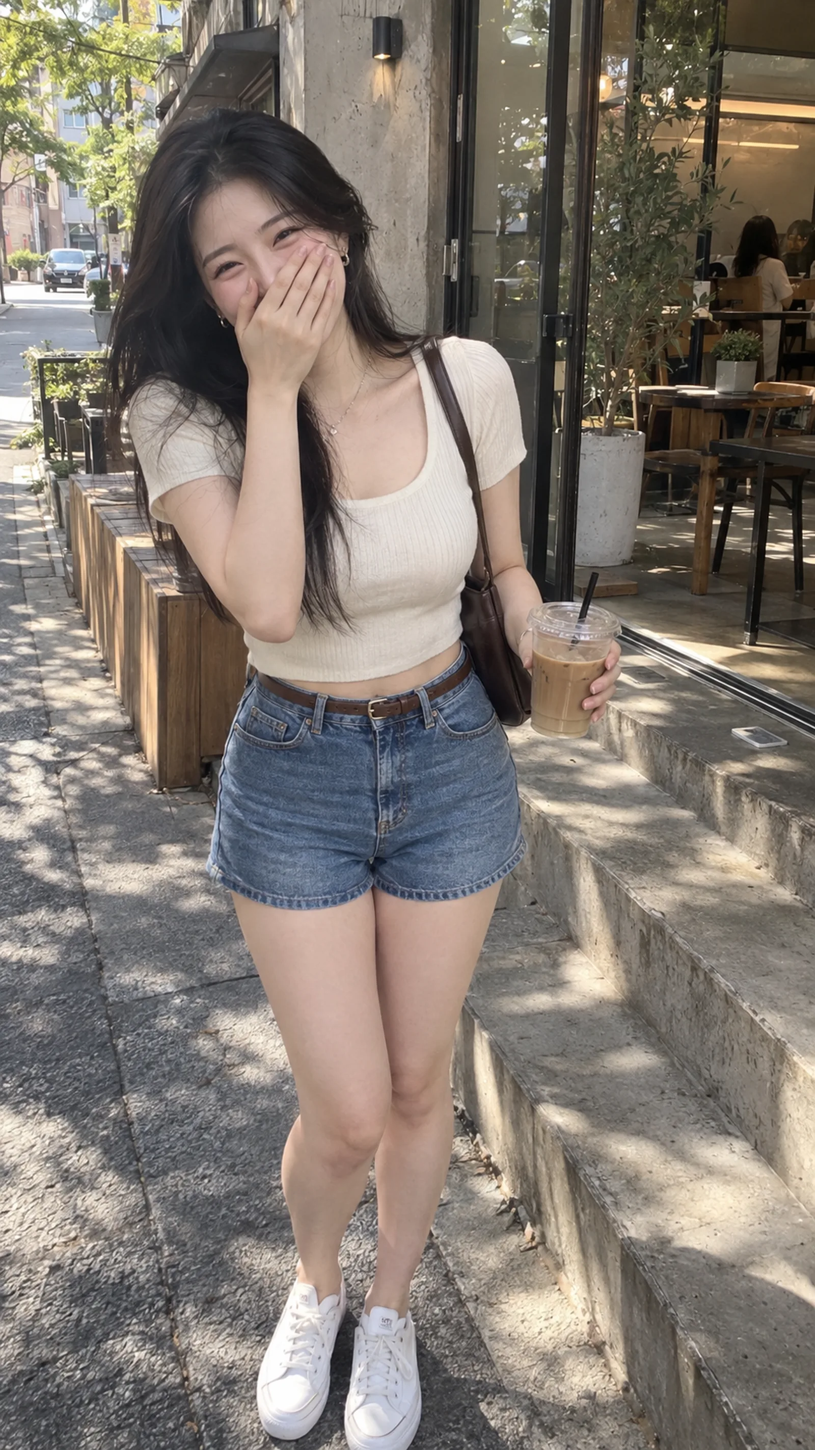 iPhone 手机生活抓拍，9:16竖幅；东亚INS女网红，白皙肌肤，夸张身材，