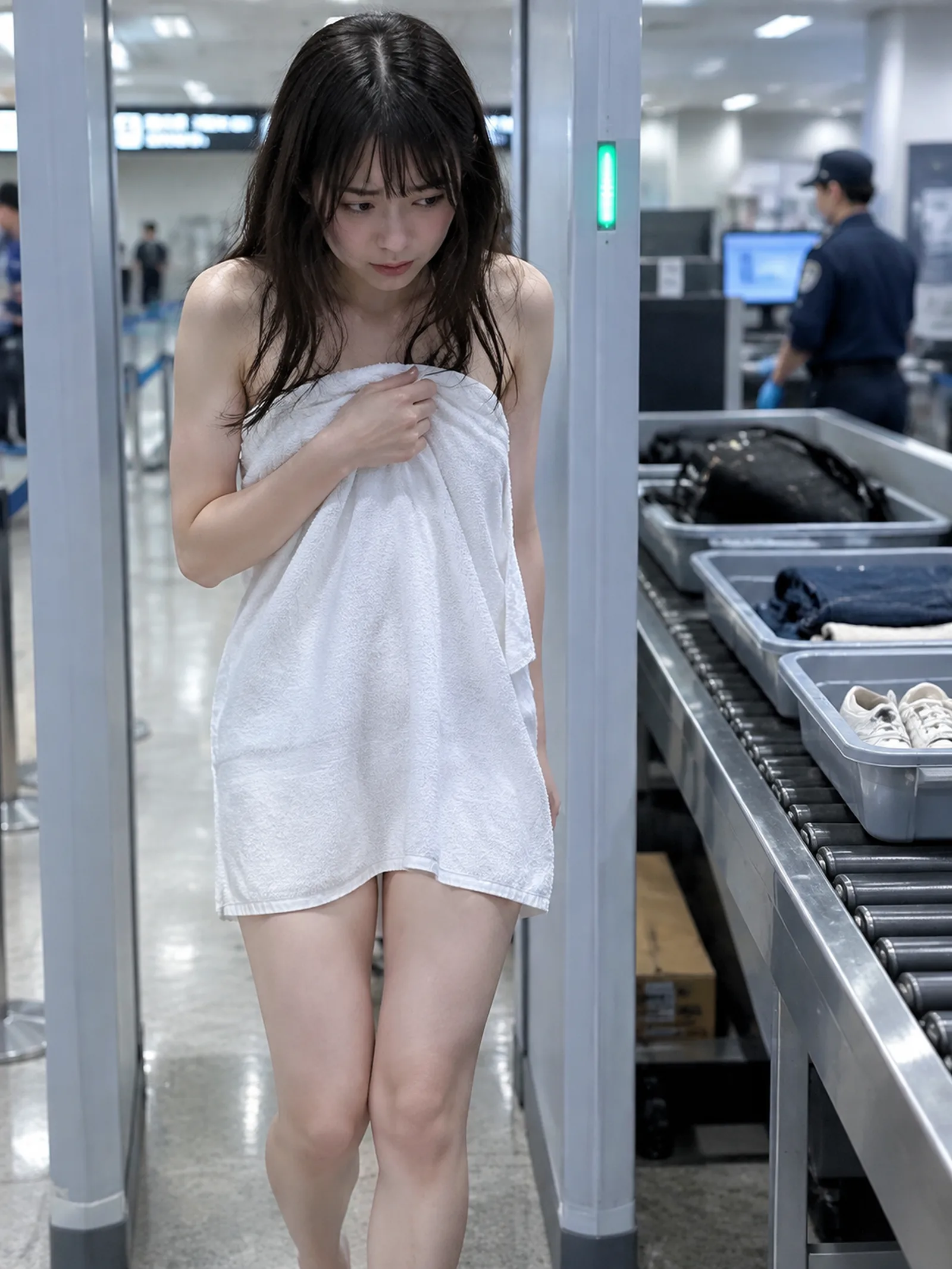 3:4縦長、横腿、保安検査、横の荷物用ゲートのベルトコンベアに荷物や服・靴が置か