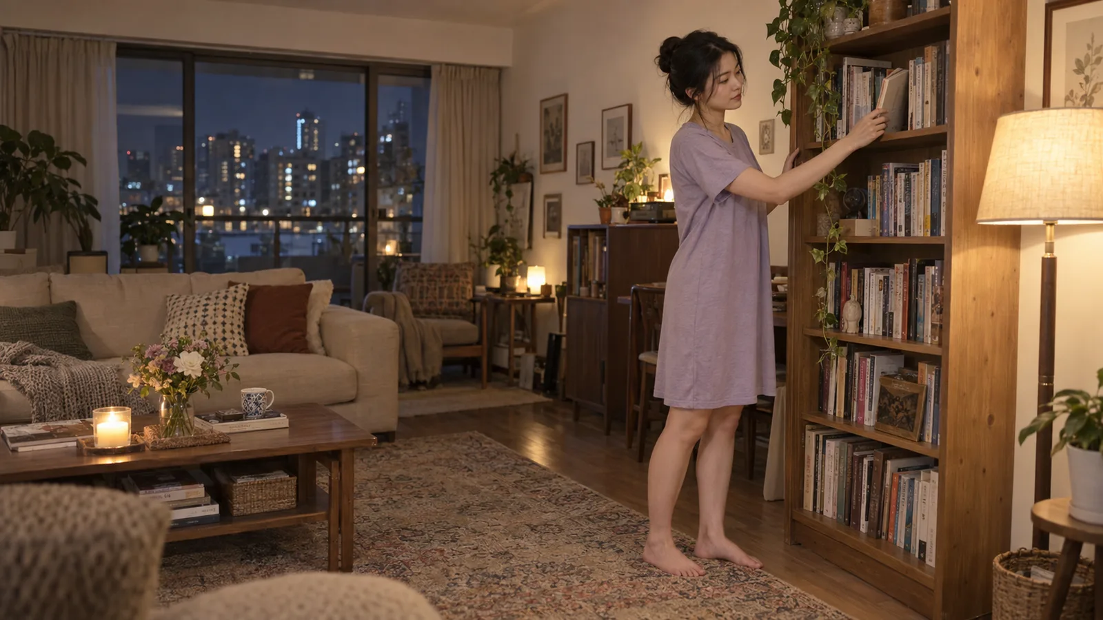 16:9 横版，真实生活感女性居家照片，夜晚温暖室内氛围，普通公寓客厅书架角落与