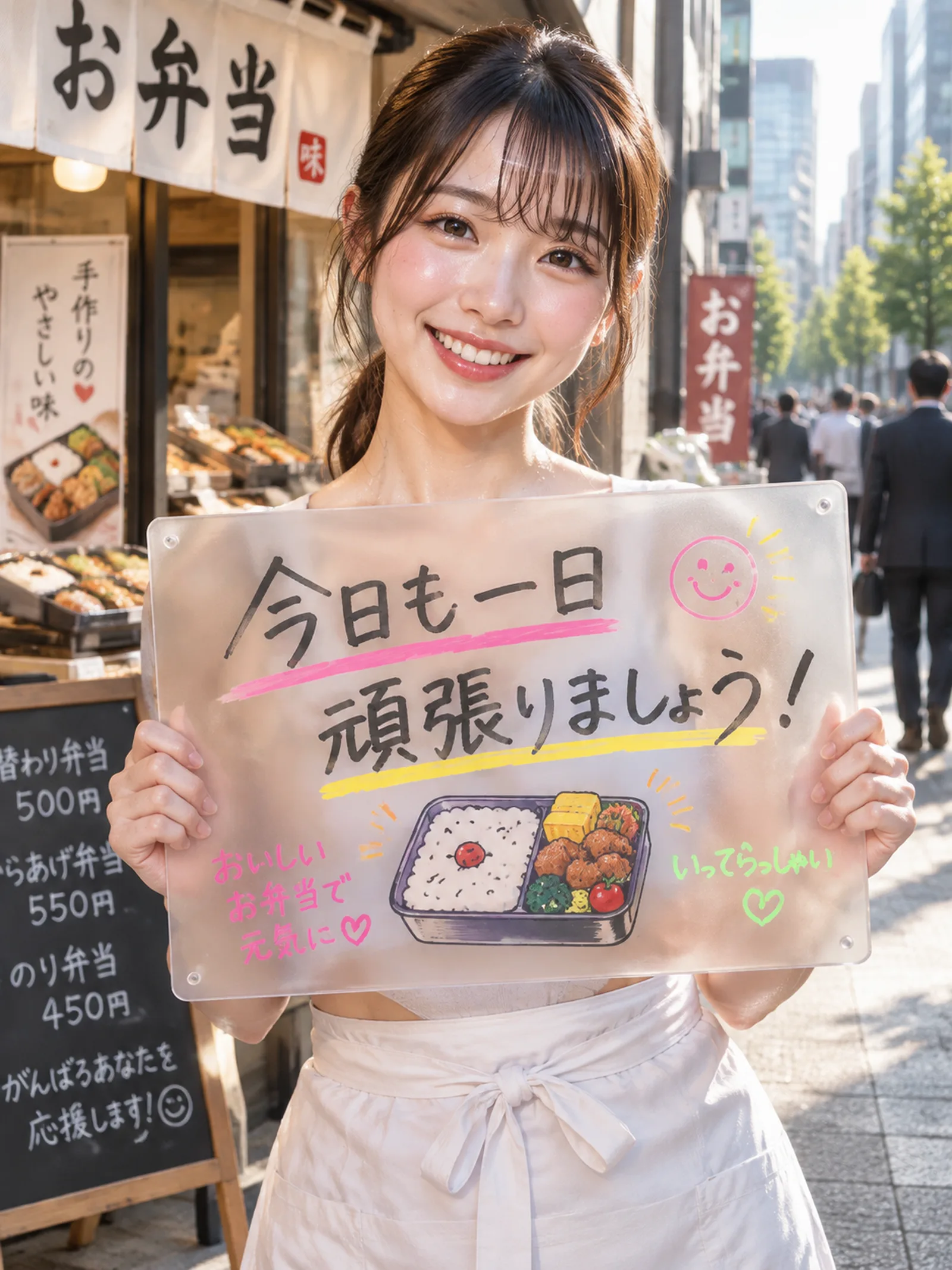 3:4縦長、日本人の可愛い20代の女の子、腰巻の白いエプロン、朝のビジネス街のお