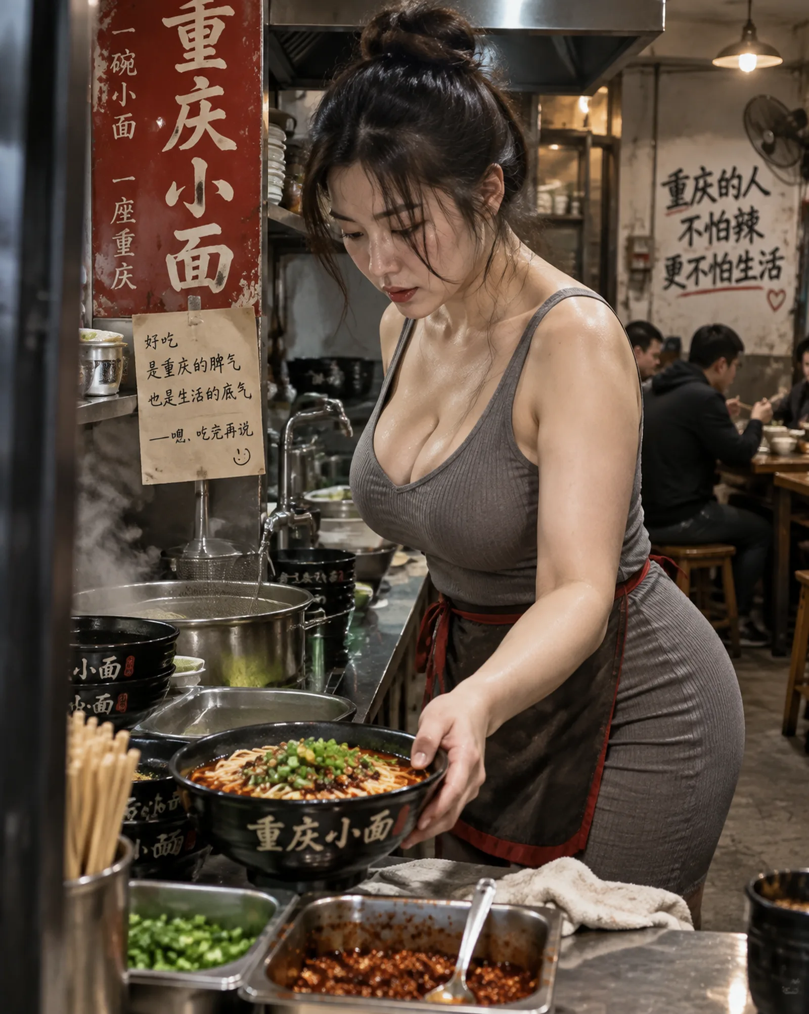 iPhone面店抓拍x女老板x夸张漫画身材，重庆小面 x 包臀连衣裙x反差感x不