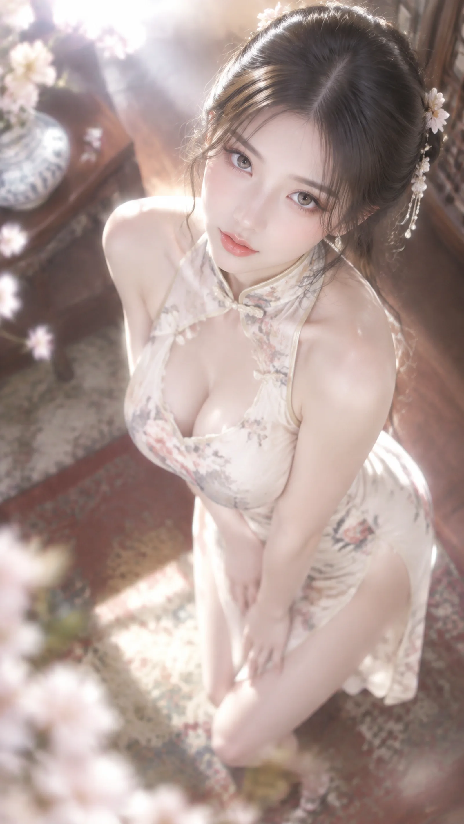9:16, wearing a qipao, soft light bloom,