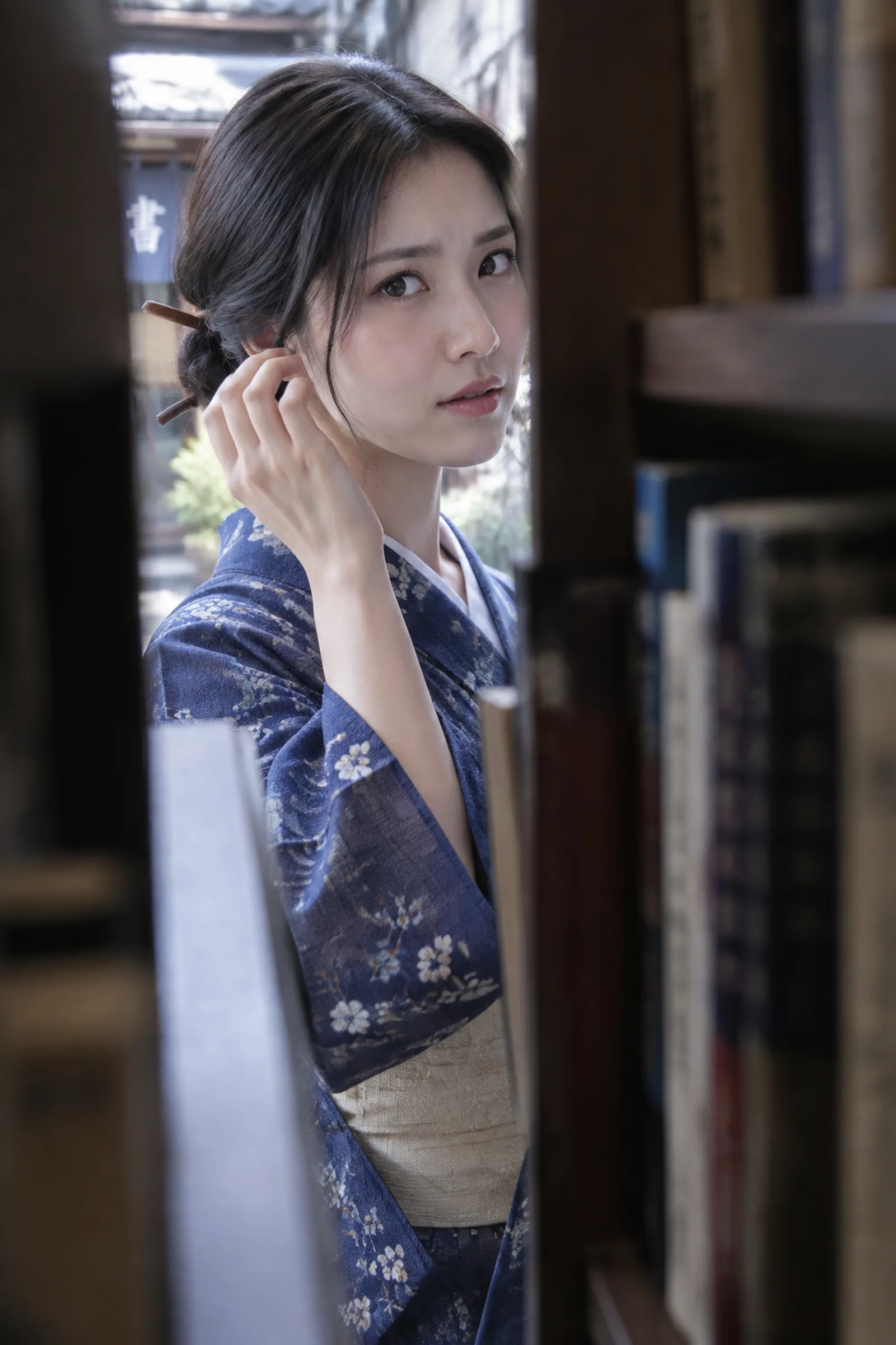 一位约30岁的成年女性，完整穿着靛蓝细花和服与浅米色腰带，黑发低髻间插着木质发簪
