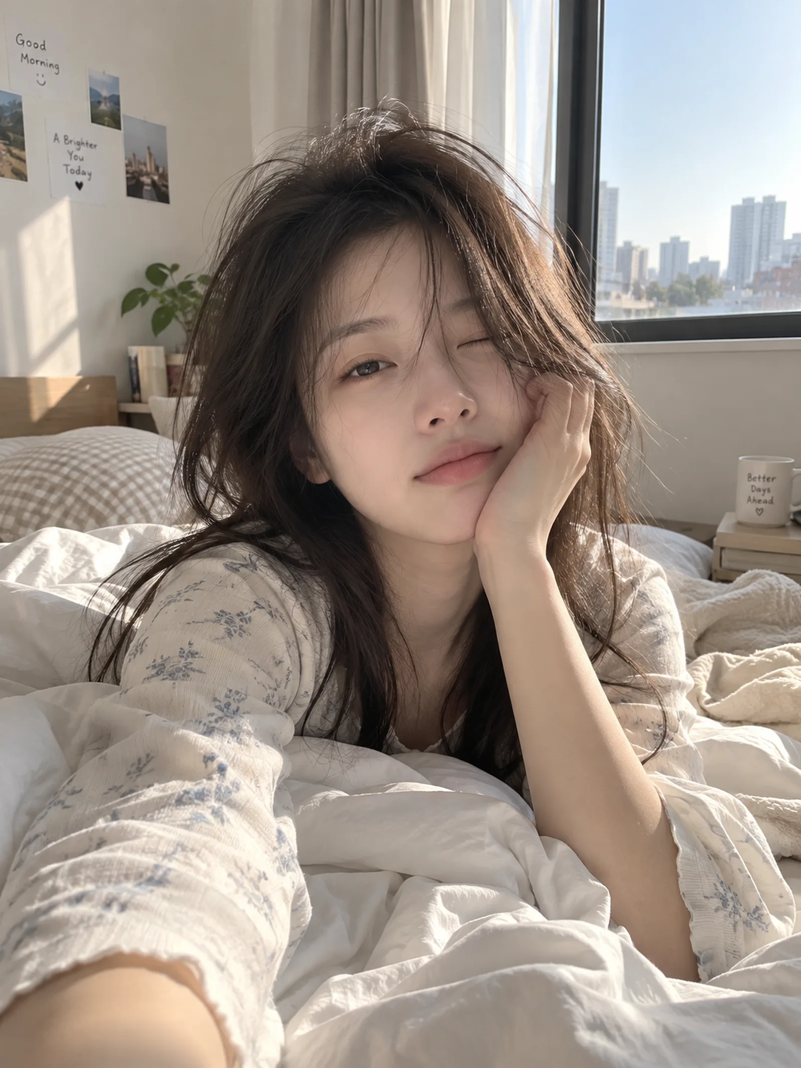 在略显凌乱的床上，捕捉了还带着睡意的早晨一瞬😊