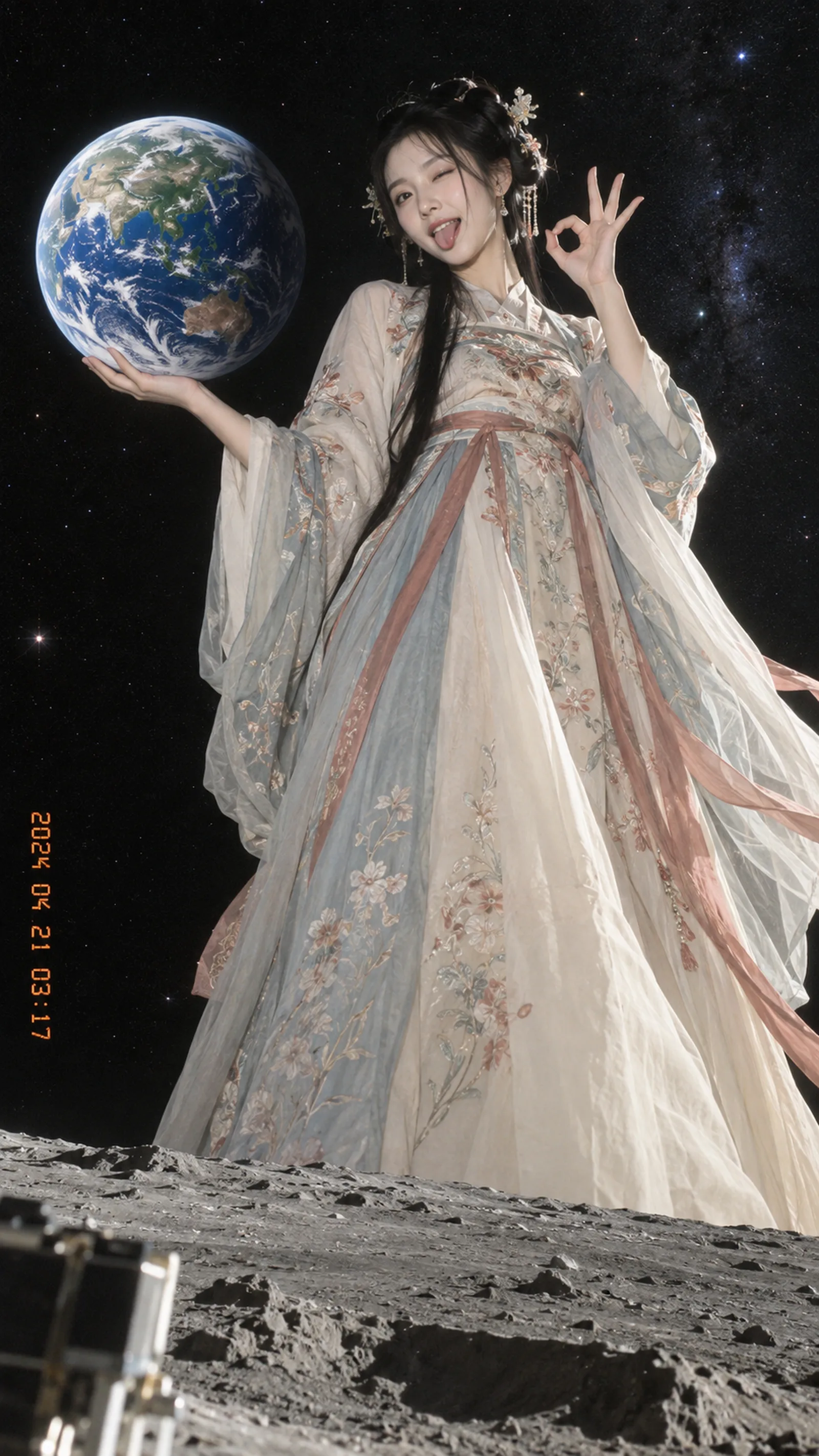 真实东方汉服女性 × 行星级真人放大 × 手托🌍 × 😜👌 × 月球视角C