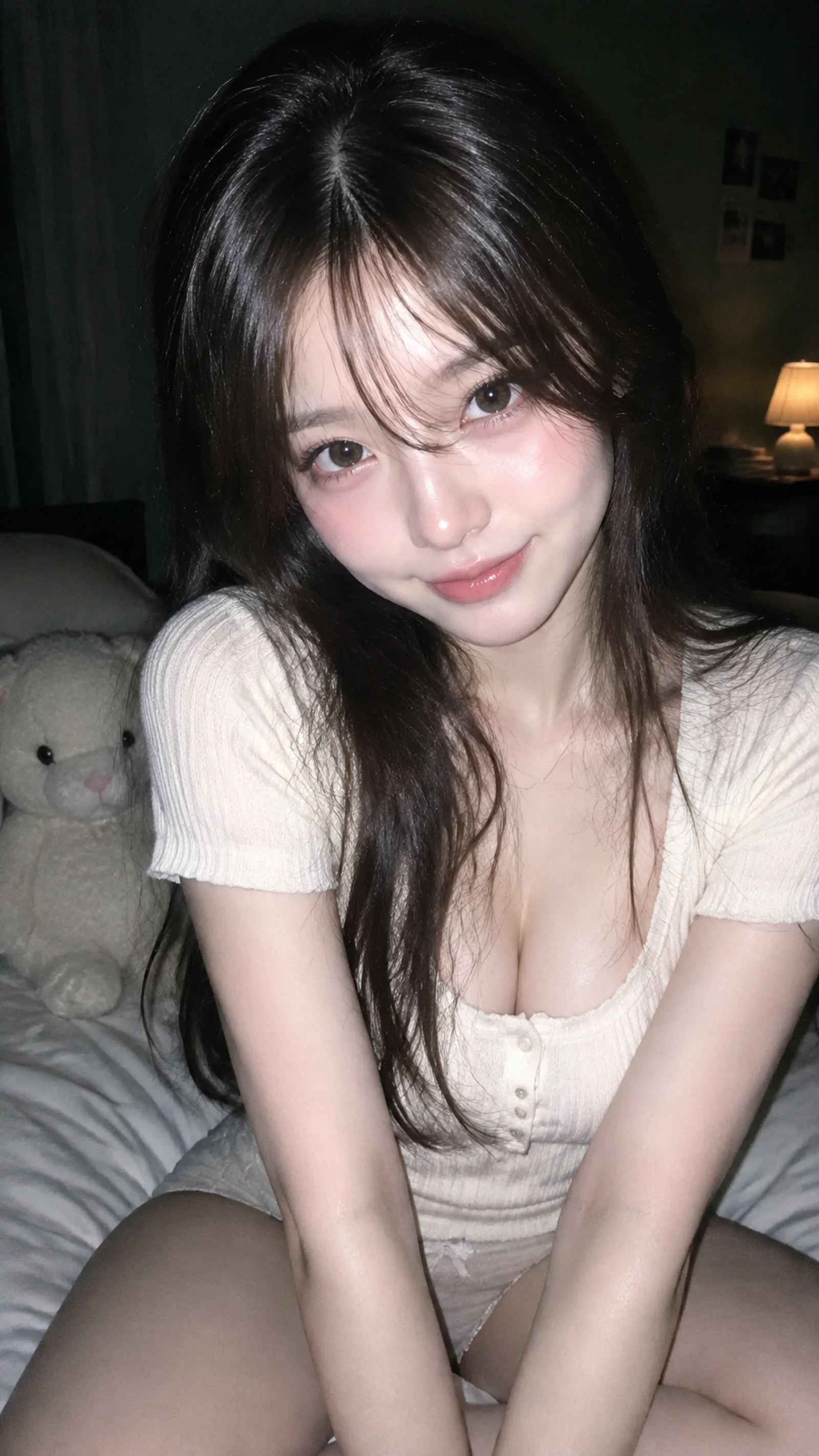 9:16，CCD/傻瓜机直闪，韩系女友卧室随拍，真实夜间家庭快照质感，细颗粒，轻