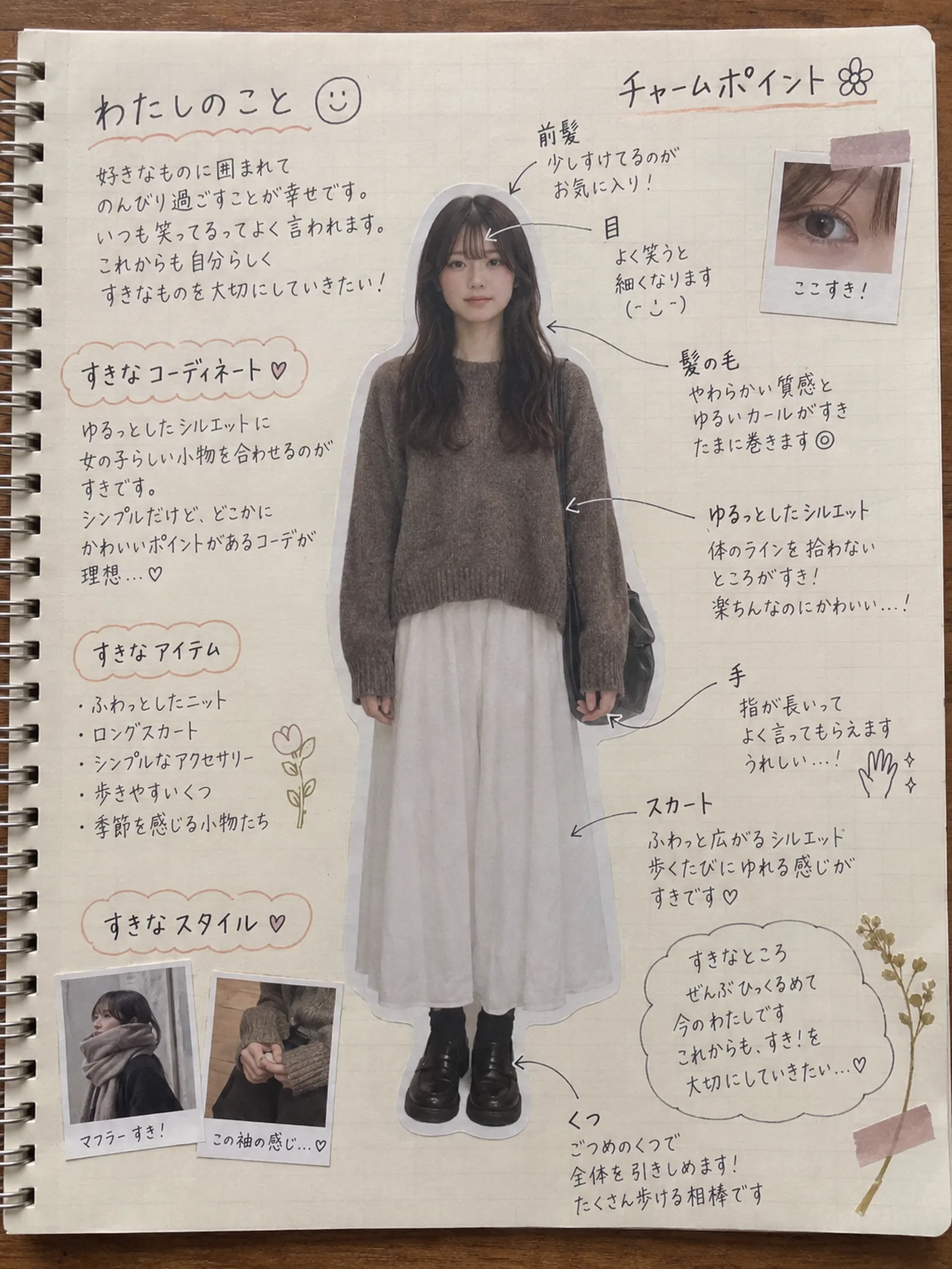 3:4縦長、ノートに記載された手書きのキャラクターシート、正面向きの真顔の全身画