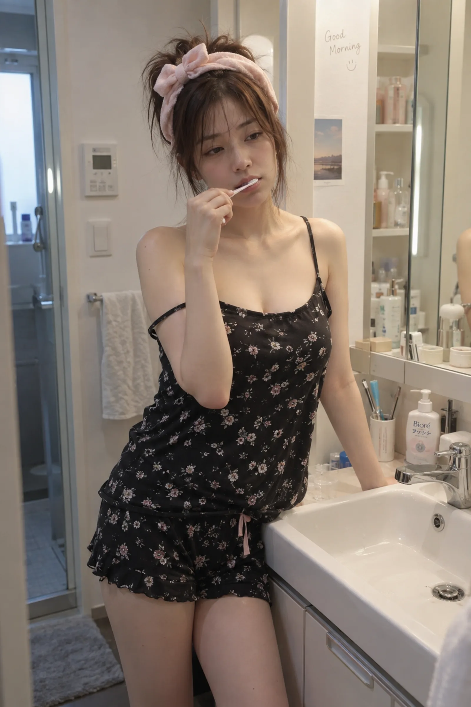 25歳、日本人、色白、細身、控えめな胸元、朝の洗面所で歯磨き中。黒の小花柄キャミ