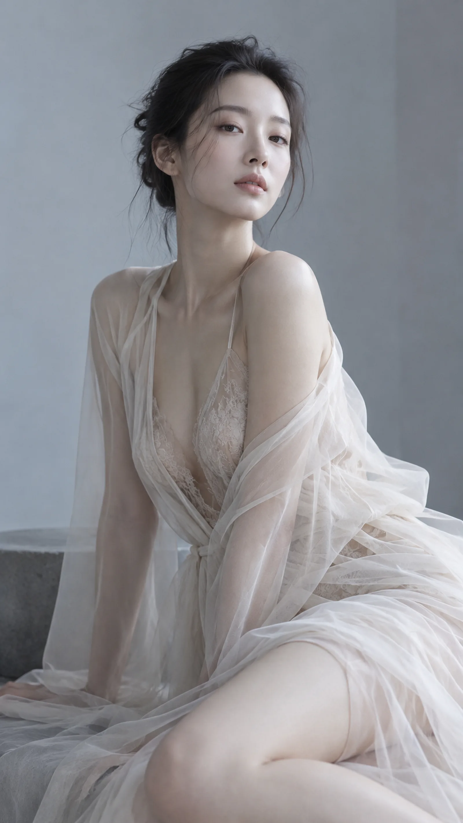 清冷性冷淡风东方美女，精致裸妆，冷白肌肤，轻薄半透明纱衣，高级克制性感，极简时尚