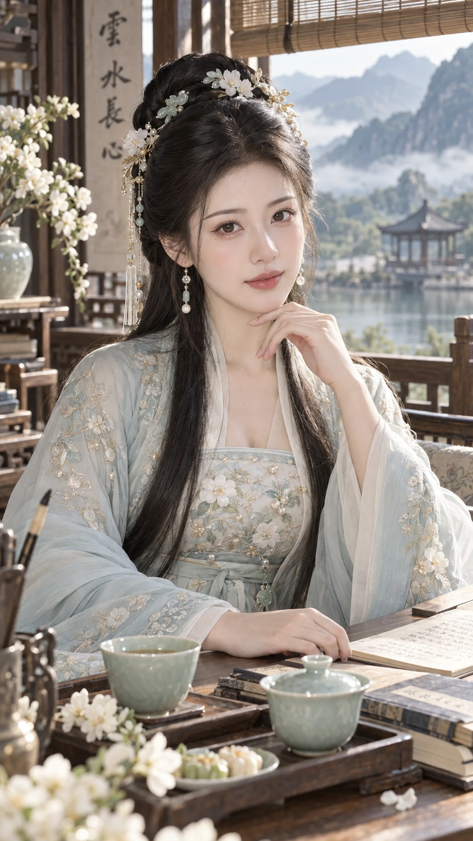 9:16 竖版，古风清雅美妆近景，东方古典山居贵女人像，半身近景，人物坐在山窗旁