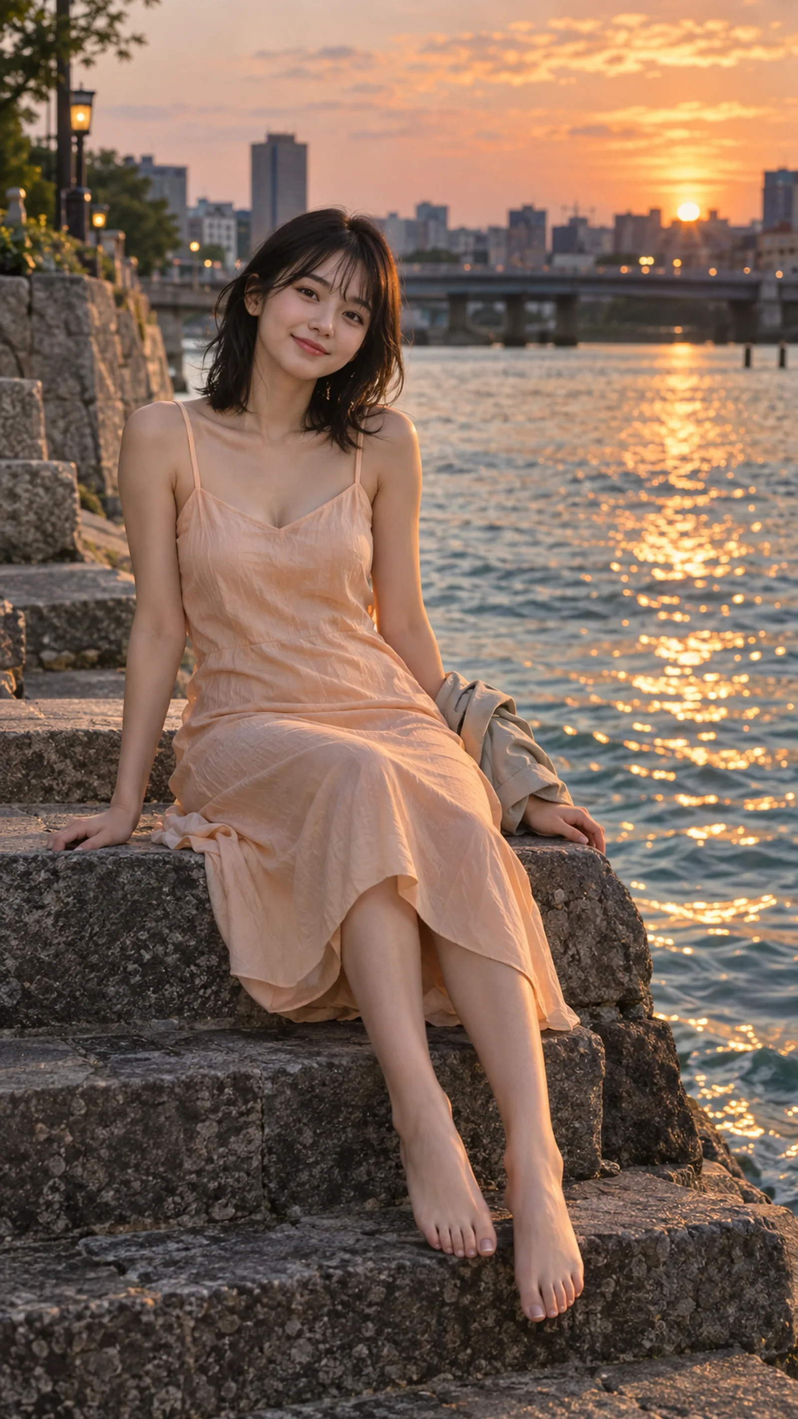 Bright, warm dusk tones, cyan-blue refle