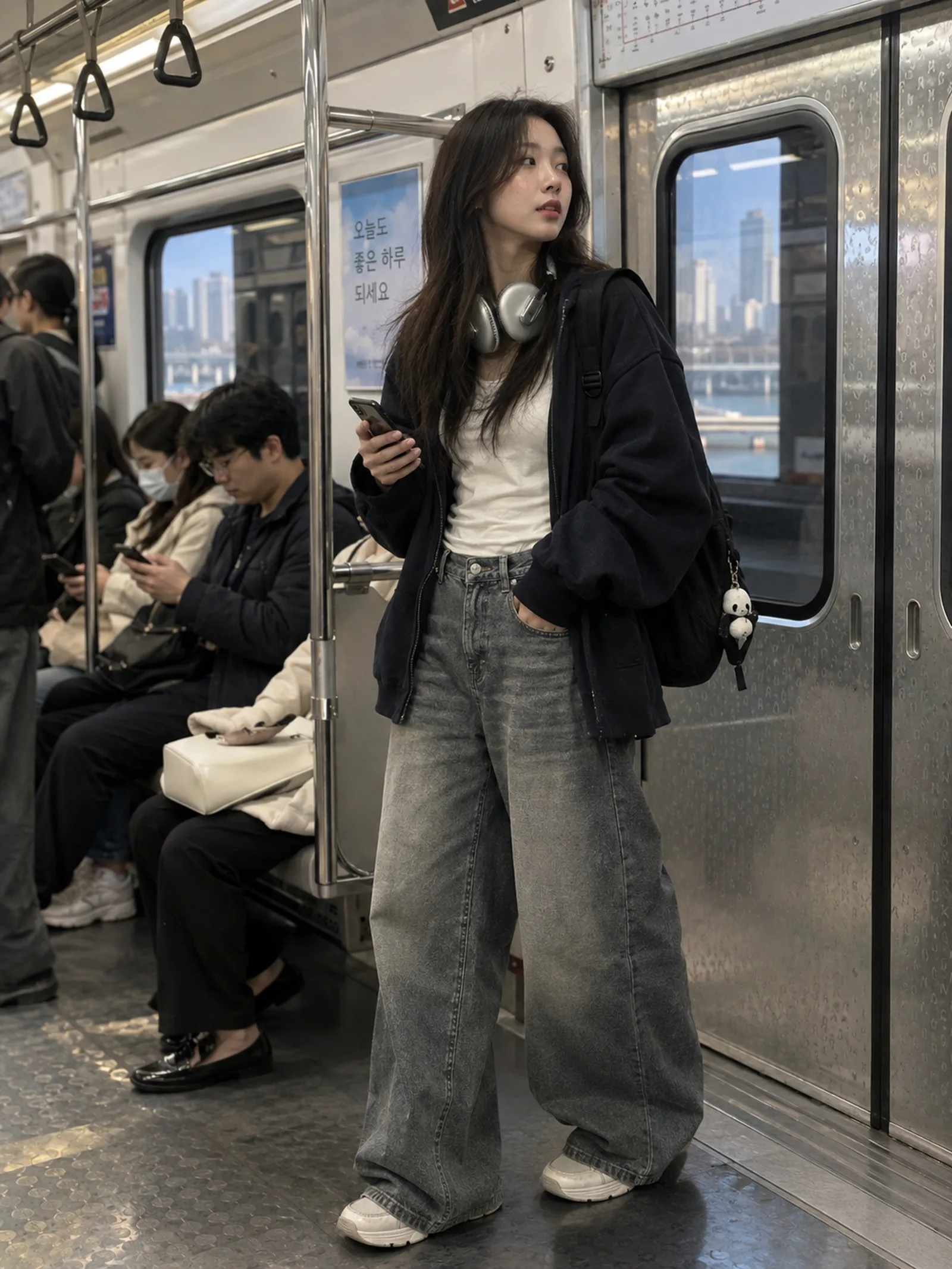 Photorealistic adult woman standing insi