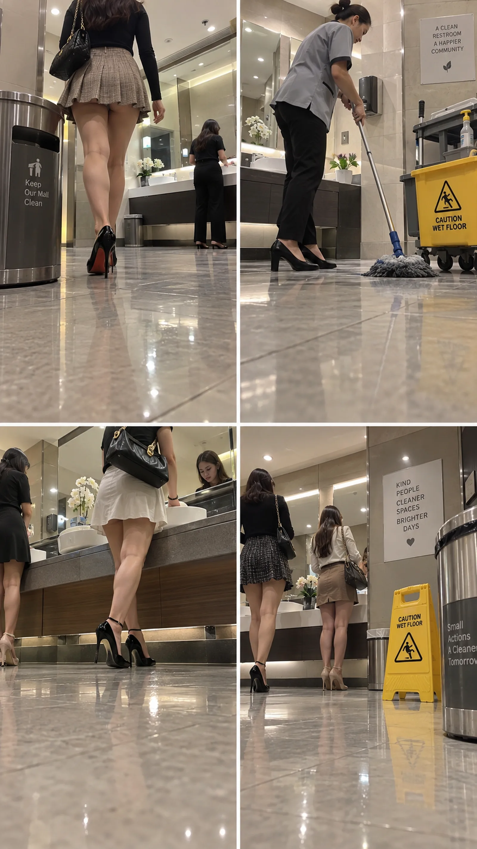 你是一条流浪狗。你不小心进入了商场公共洗手间。美女，超短裙，保洁，高跟，圆润的臀