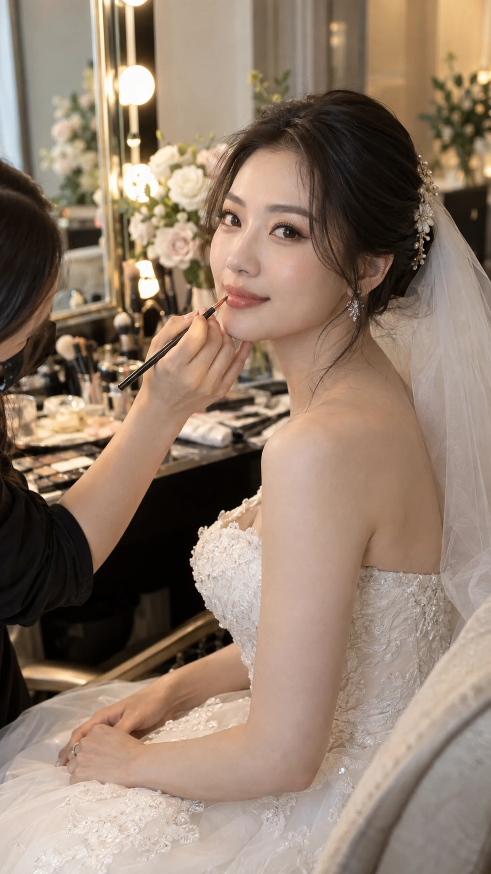 东方成年新娘，吊眼构图，婚礼现场画妆中，9:16