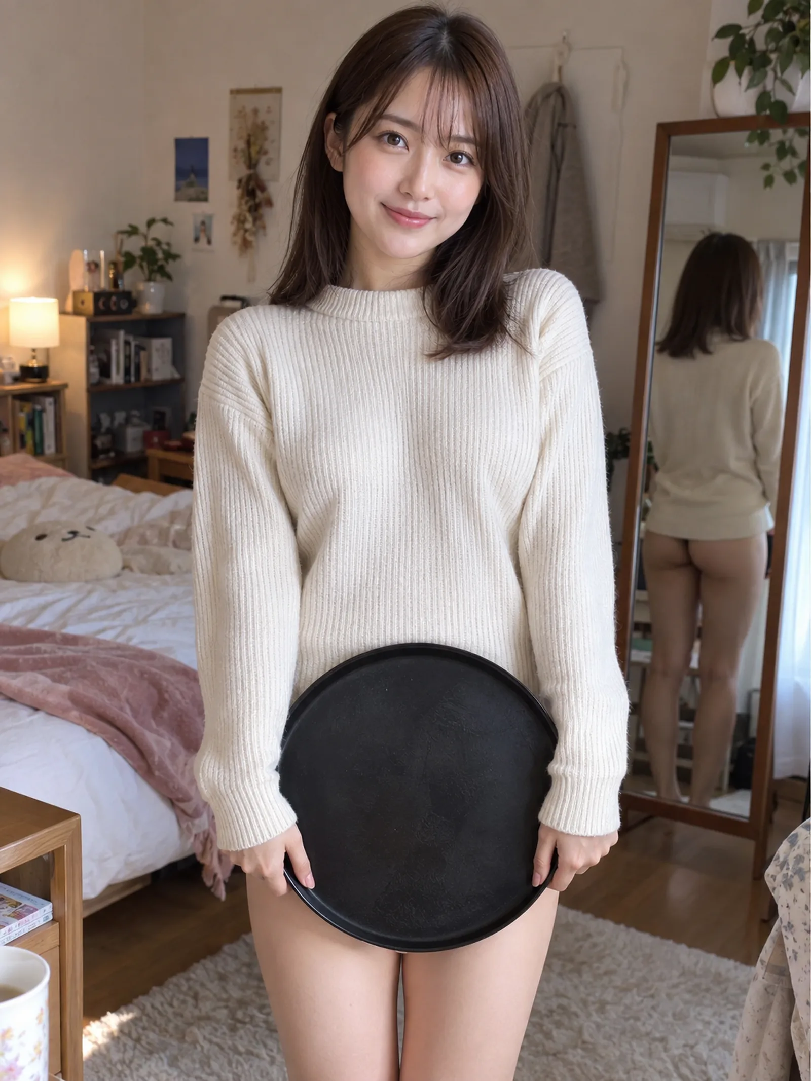 3:4縦長、おいど、背景は一人暮らしの自室、頭から腿まで映る構図、長袖ニットトッ