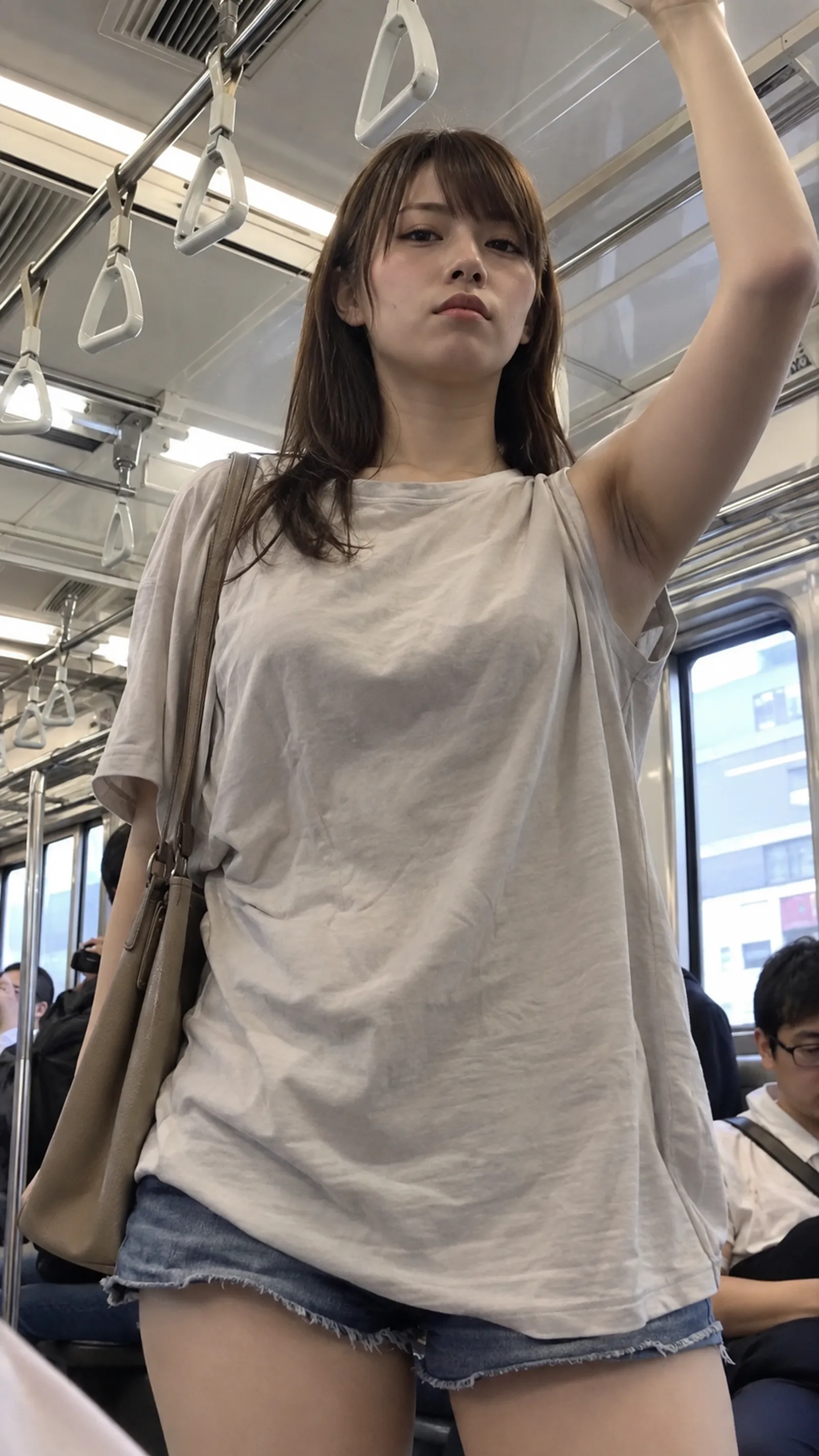 21歳, 日本人成人女性, 電車, 真正面に立つ, 高めの吊り革に捕まる, 脇を