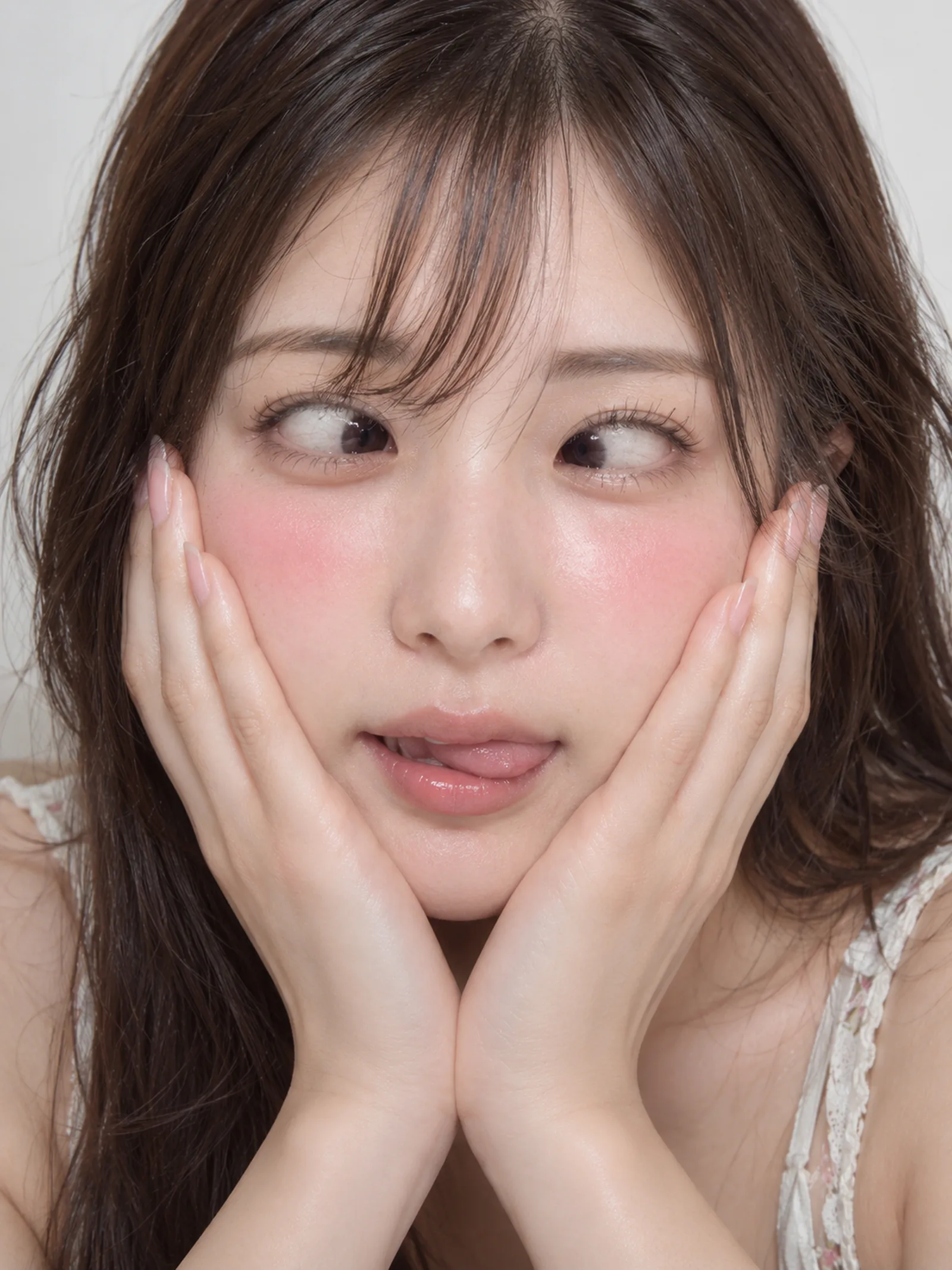 3:4、フォトリアル、AIで作成した20代美女、両手で頬を包み、正面を見ながら黒