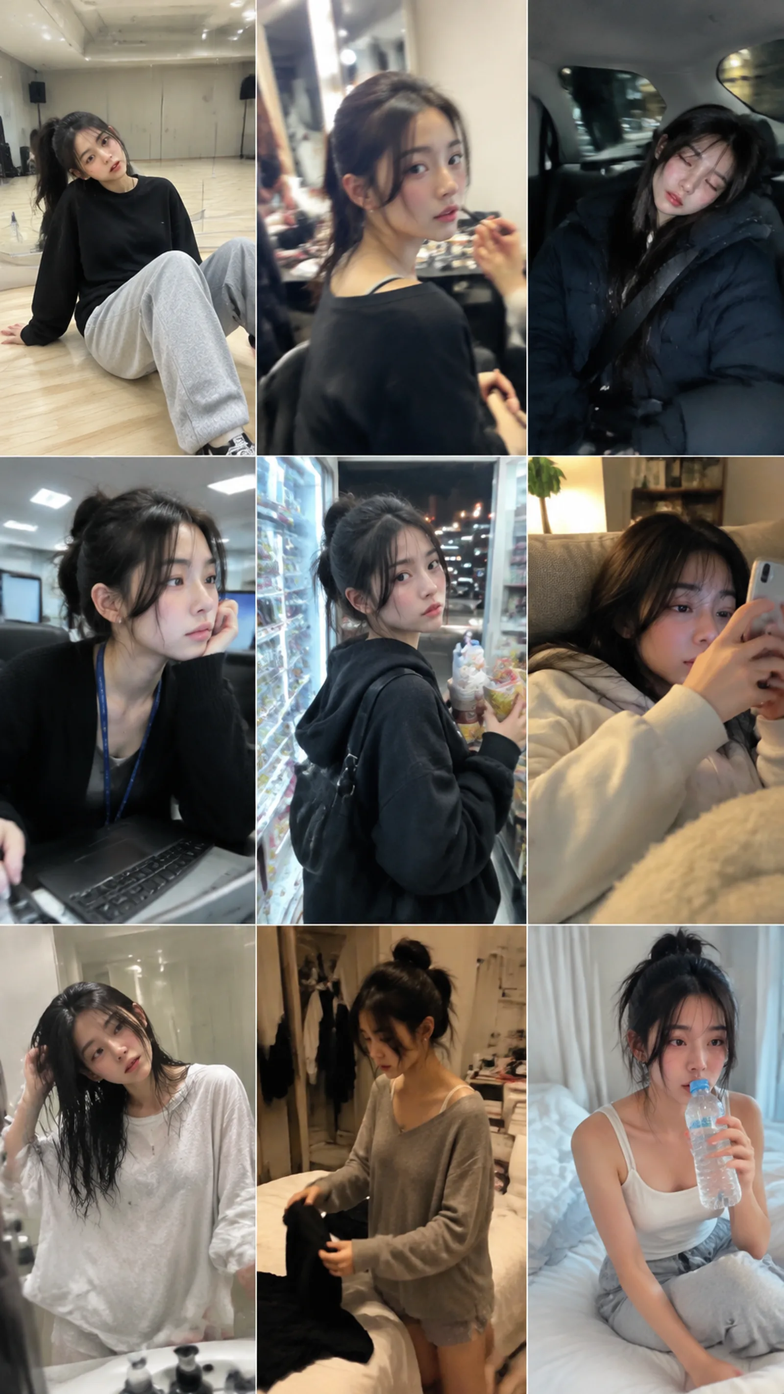 生成一张竖版 9:16、3×3 九宫格照片合集，9 张照片全部为同一位成年女性，