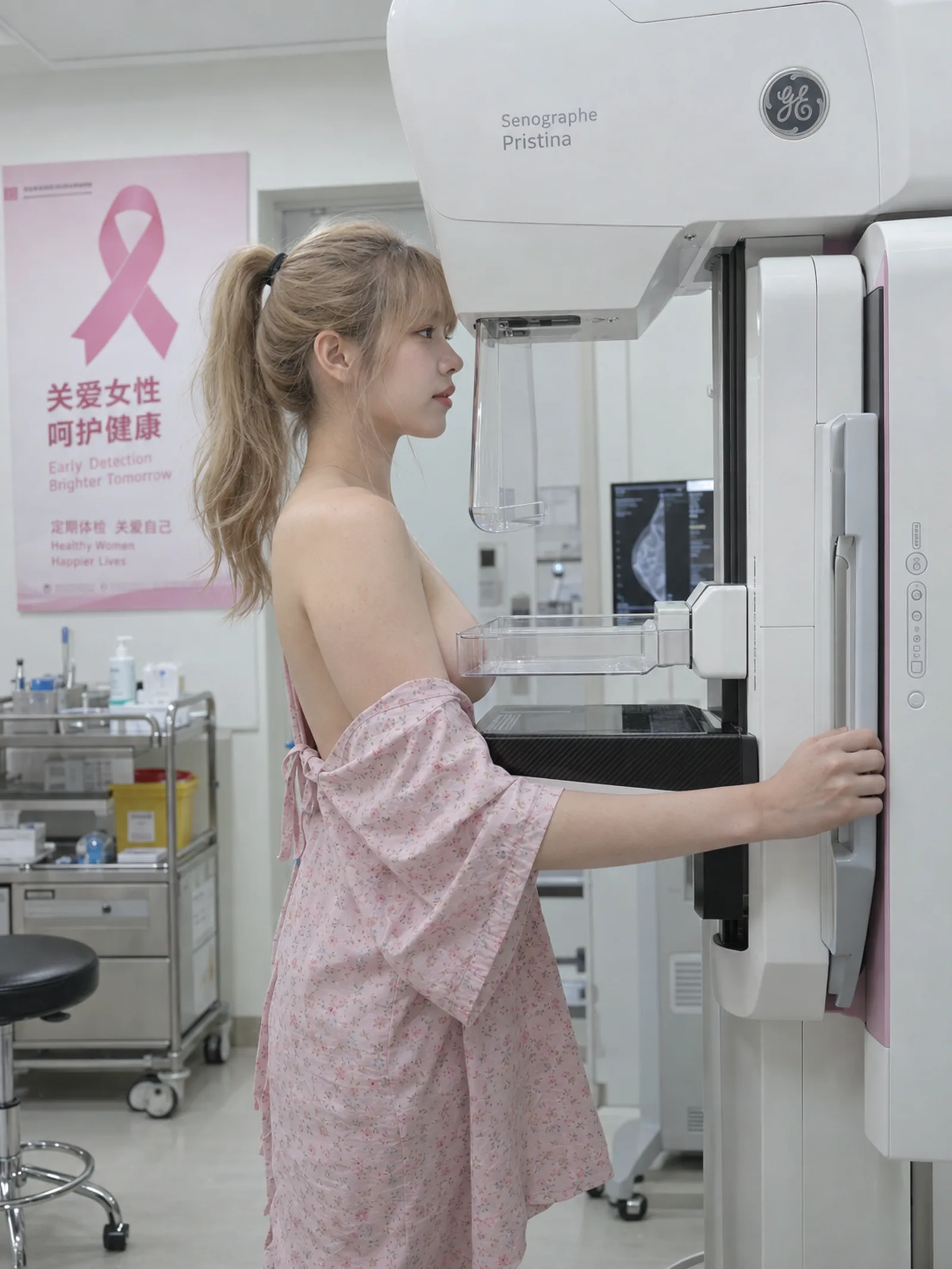 正规医疗健康体检纪实摄影：90度纯侧面平视机位。一位19岁面容极度精致立体、带有
