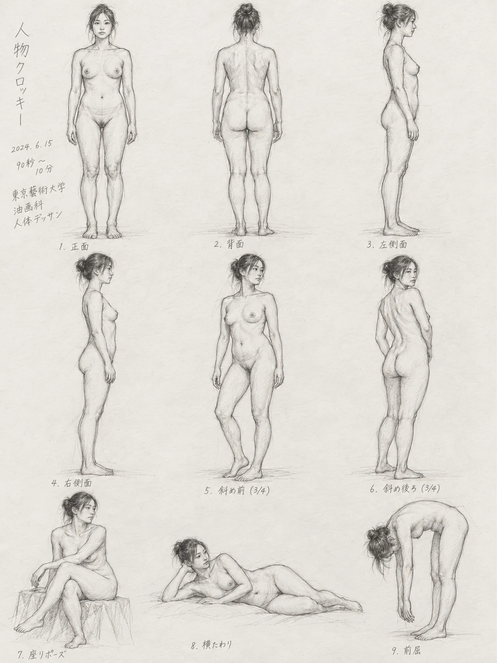 日本の美術大学のライフドローイングクラスで鉛筆で描かれた女性の人物クロッキー、様