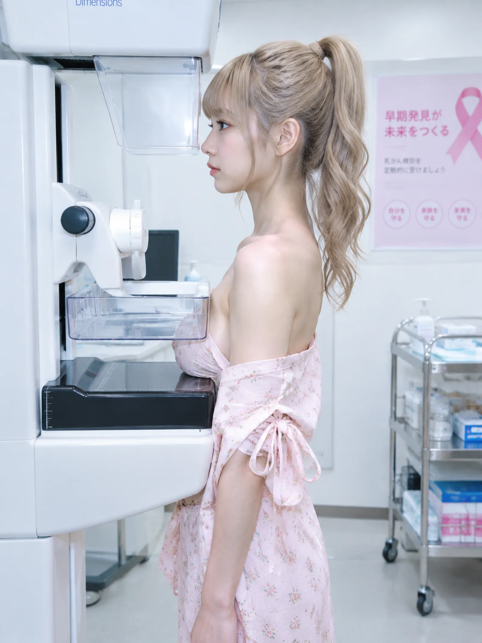 正规医疗健康体检纪实摄影：90度纯侧面平视机位。一位19岁面容极度精致立体、带有