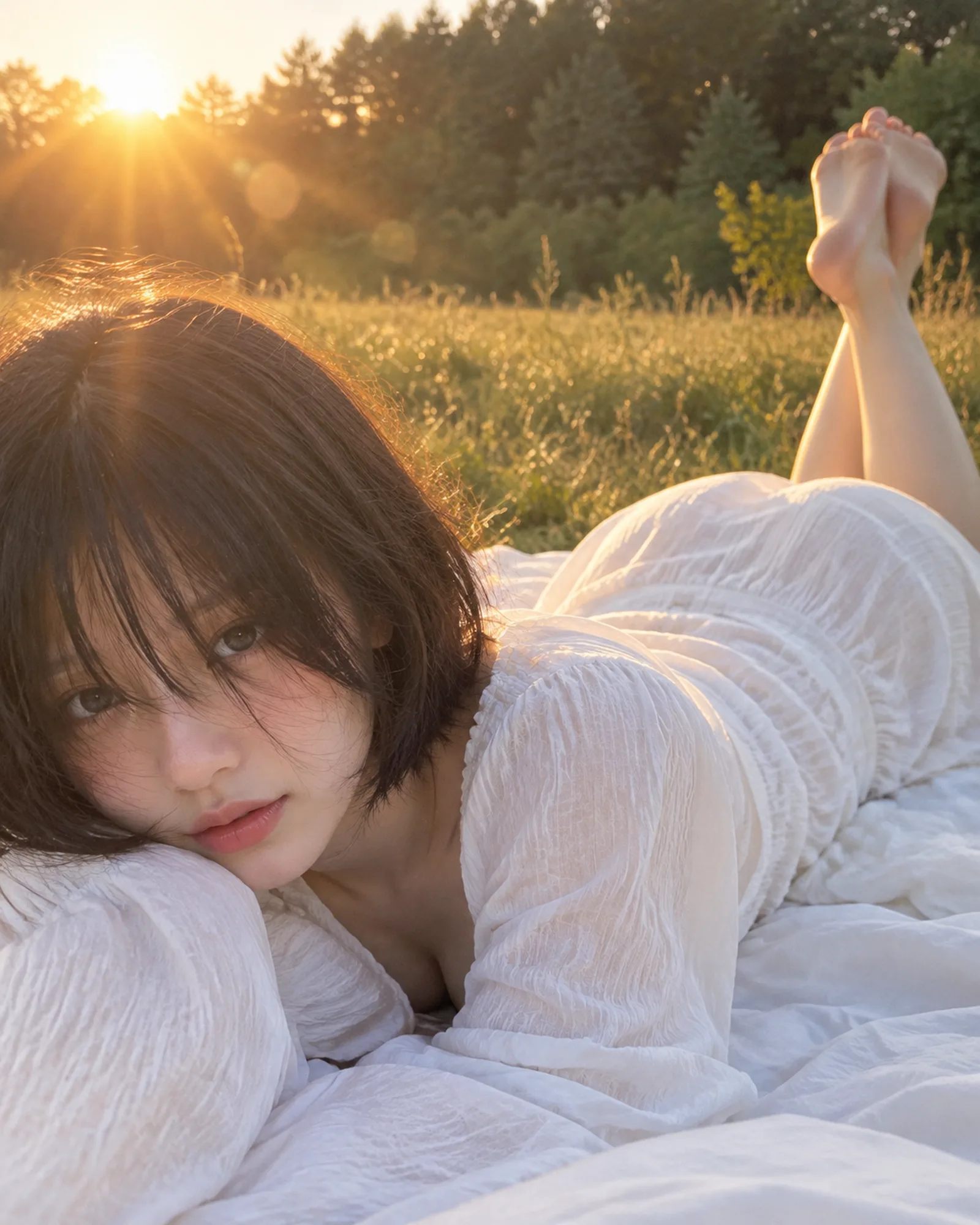 超写实户外日落人像摄影，竖版约 4:5。一名明确成年的东亚女性，20+，趴卧在郊