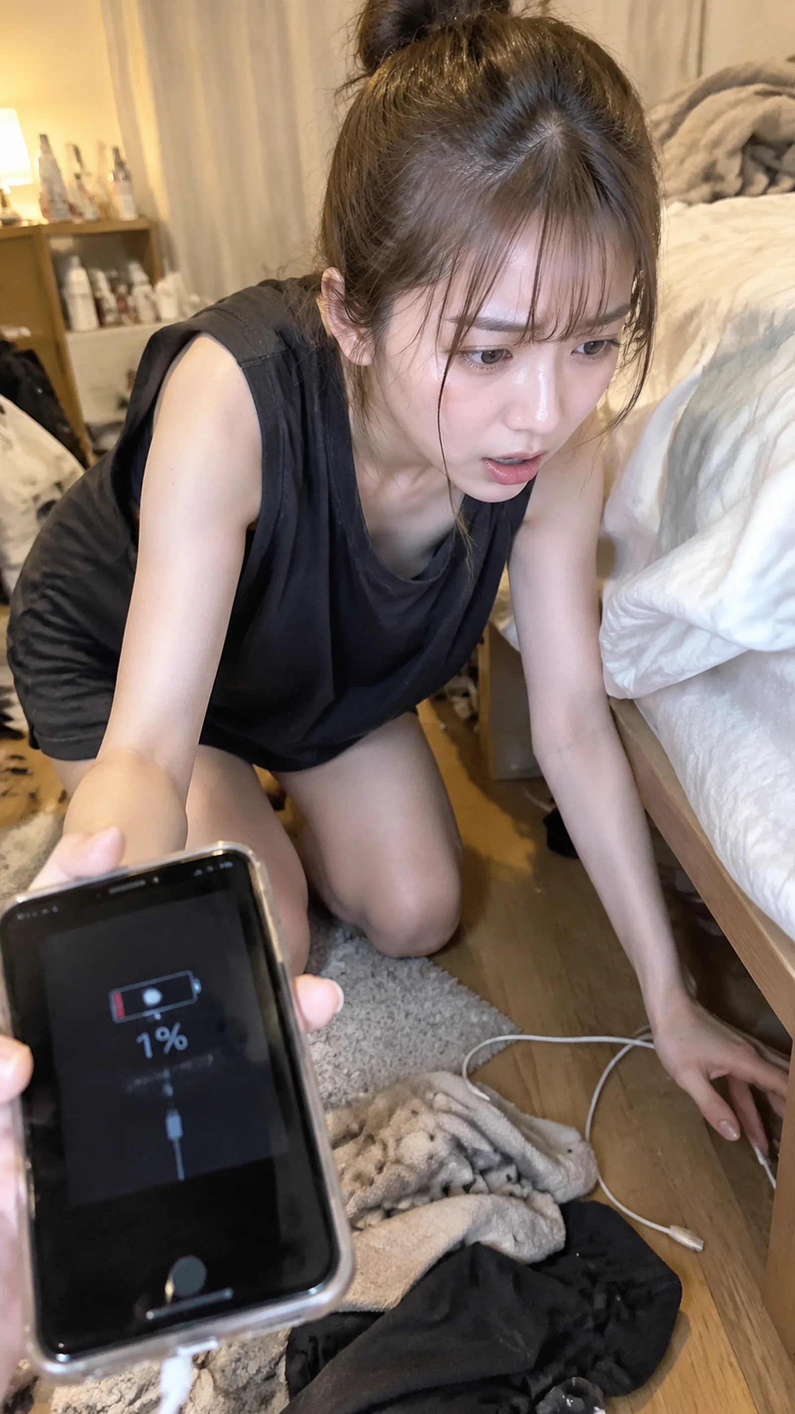 25歳、日本人、色白、細身、茶髪のお団子ヘア、ゆるゆるのオーバーサイズ黒ノースリ