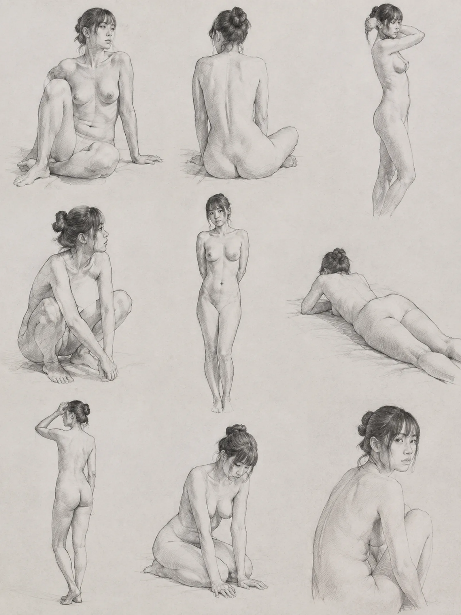 日本の美術大学のライフドローイングクラスで鉛筆で描かれた女性の人物クロッキー、様