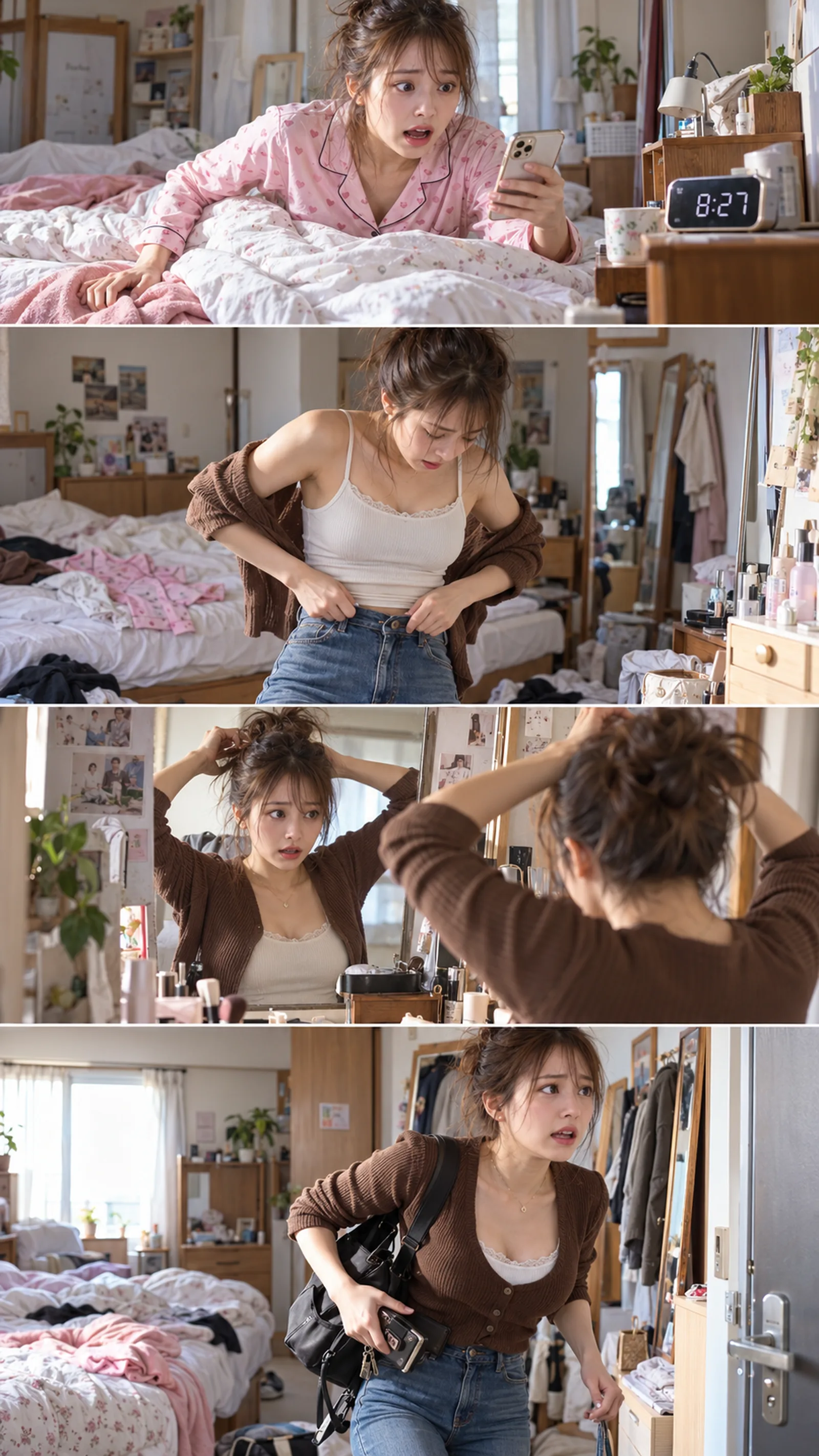 25歳、日本人、細身、茶髪お団子、休み明けの朝寝坊、自分の部屋、生活感のある寝室