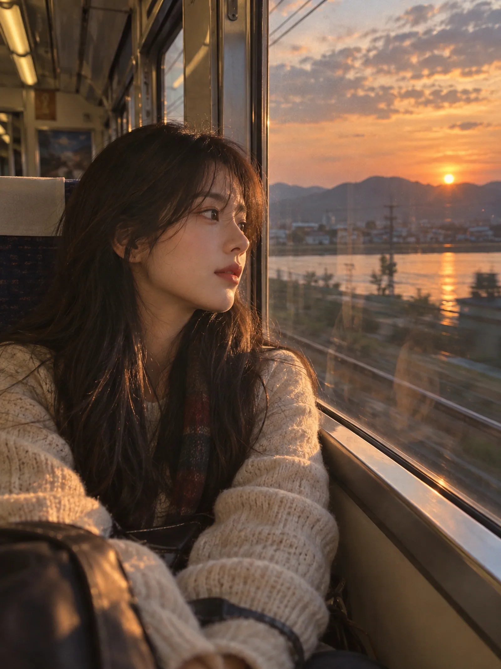 列车旅行 × 窗边少女 × 黄昏光影 × 胶片感