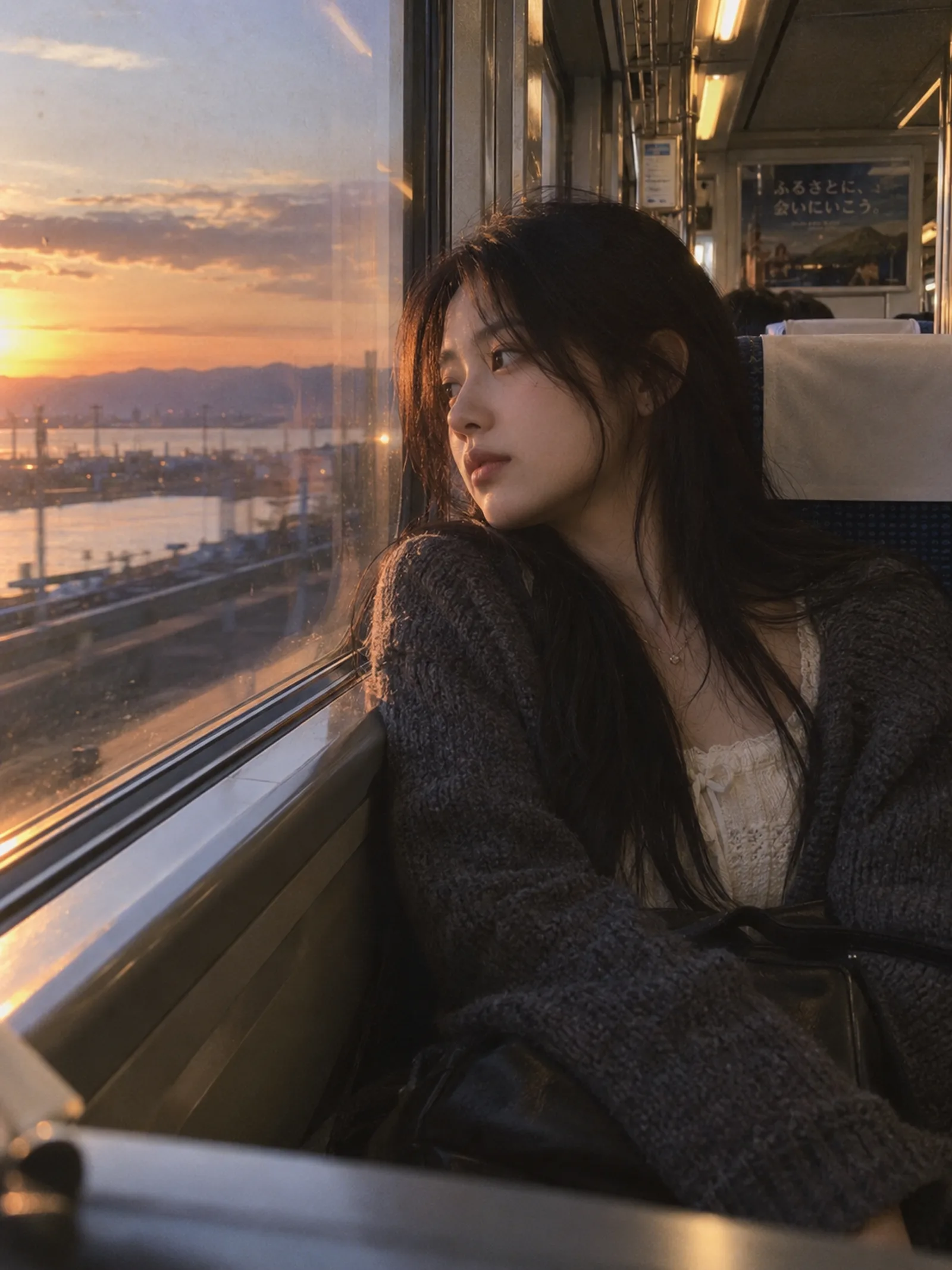 列车旅行 × 窗边少女 × 黄昏光影 × 胶片感 × 拒绝AI感
