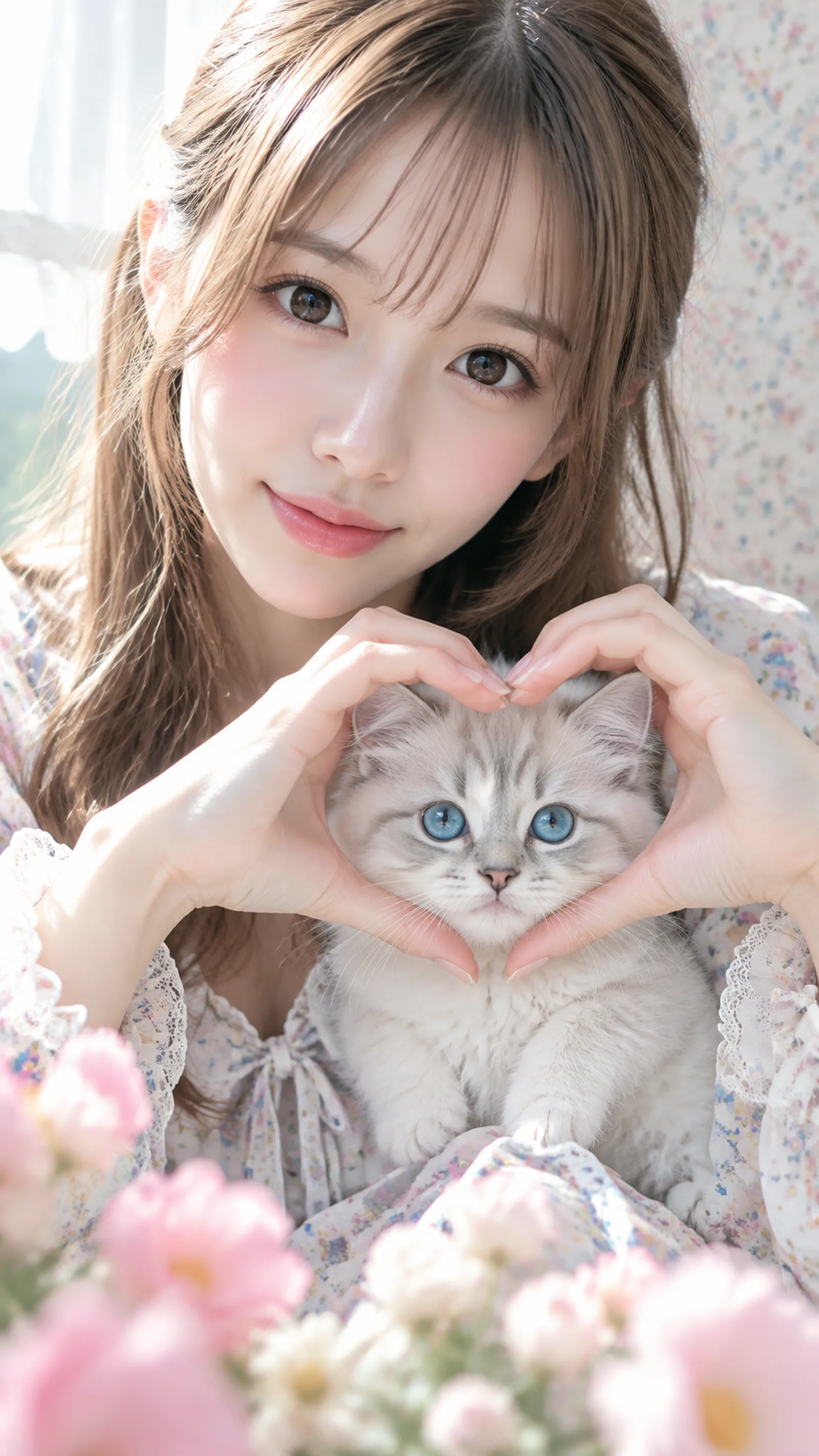 子猫と花のハート