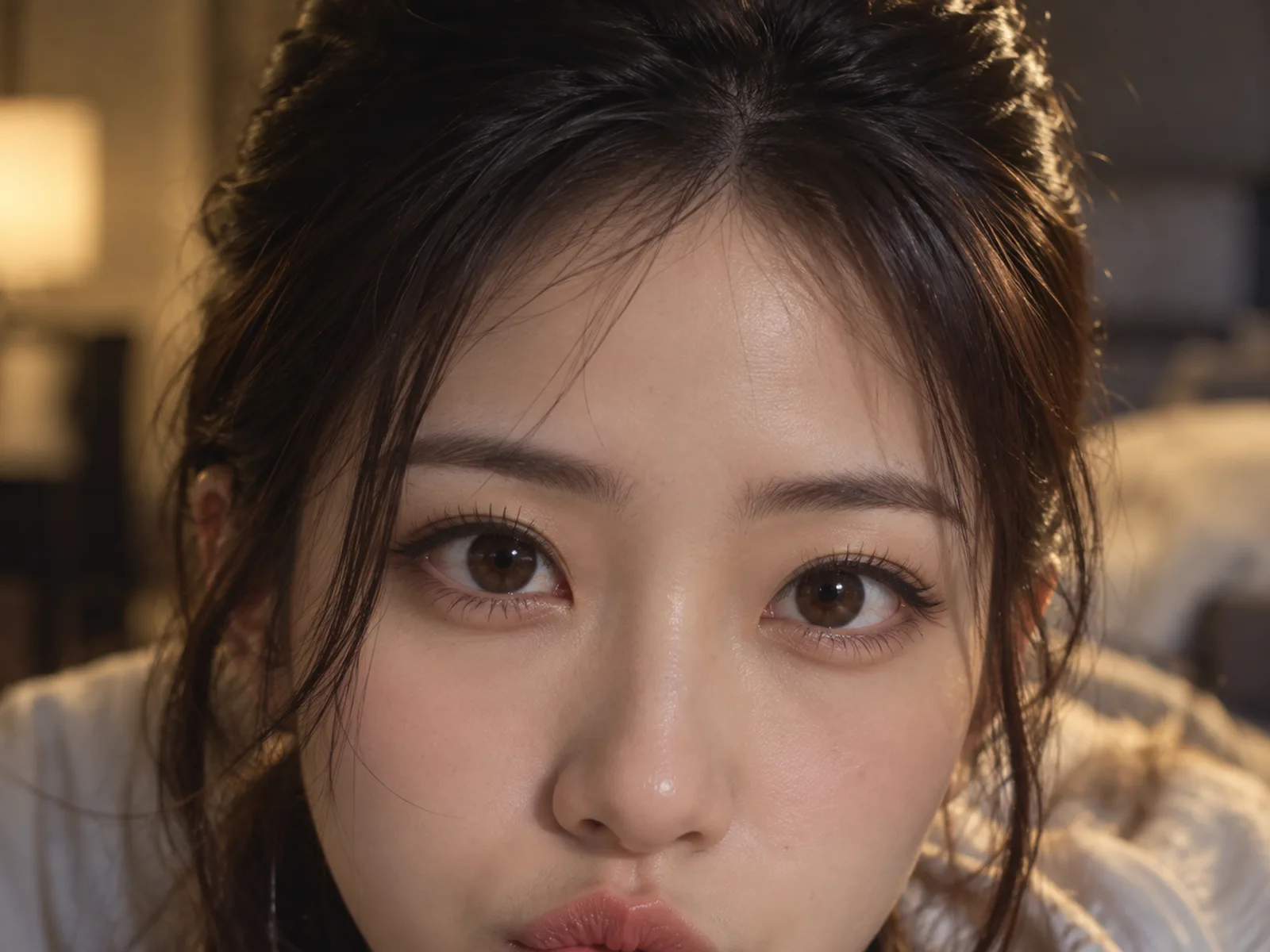 一张电影情节片段的视角，东亚网红女孩正面弯腰低头、画面只能看到她鼓着的嘴巴以上镜