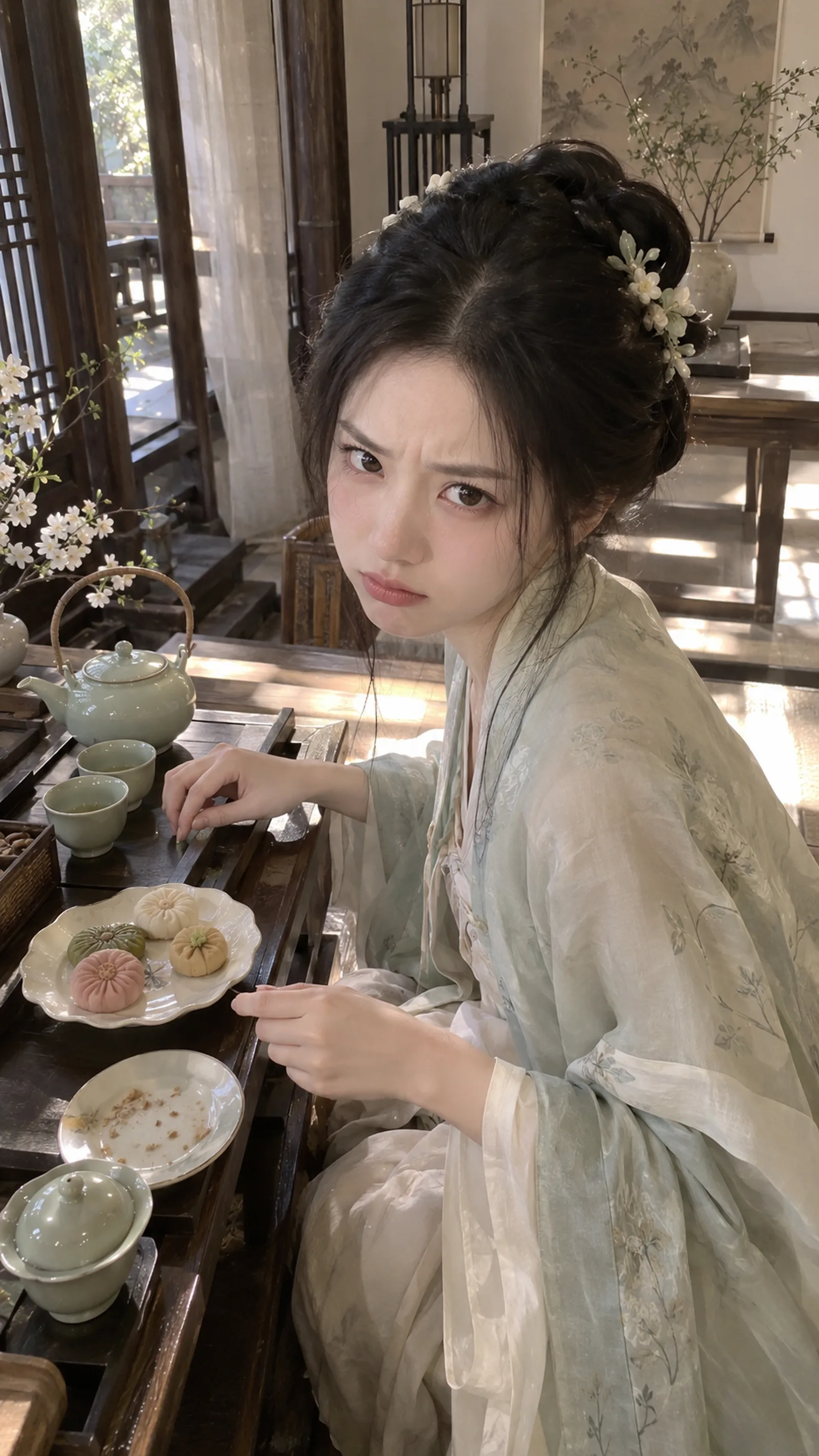 娇嗔（微蹙眉、轻抿唇、带一点恼意的撒娇神态） × 【事件】 × 宋式美学 × i