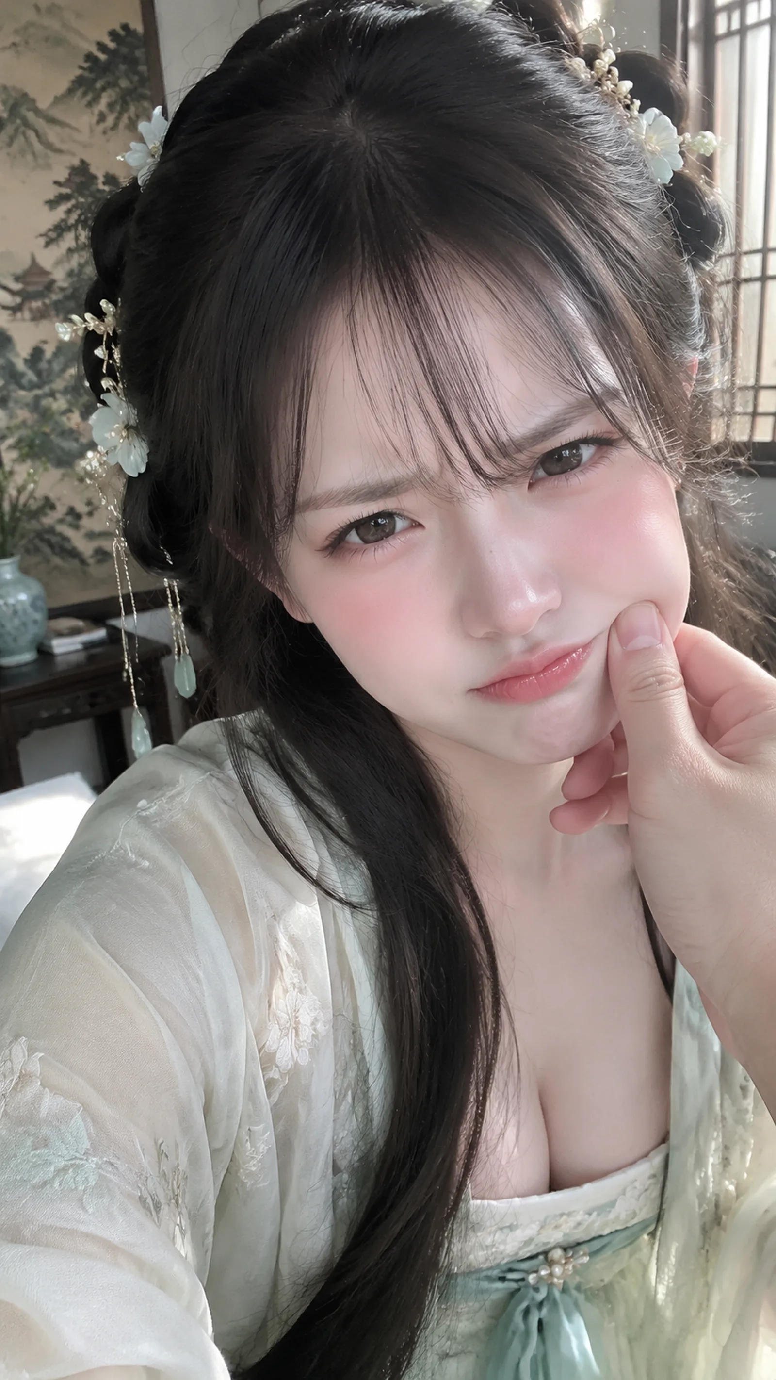 娇嗔（微蹙眉、轻抿唇、带一点恼意的撒娇神态） × 【捏脸】 × 宋式美学 × i