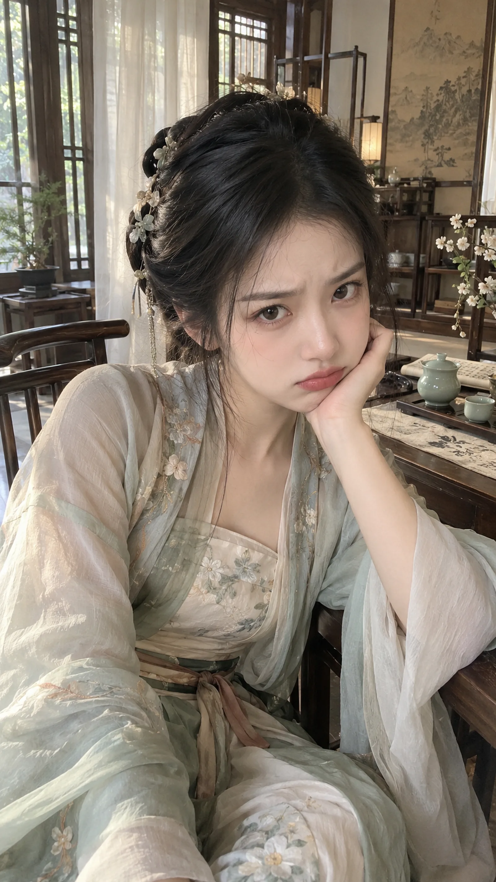 娇嗔（微蹙眉、轻抿唇、带一点恼意的撒娇神态） × 【坐在腰部】 × 宋式美学 ×