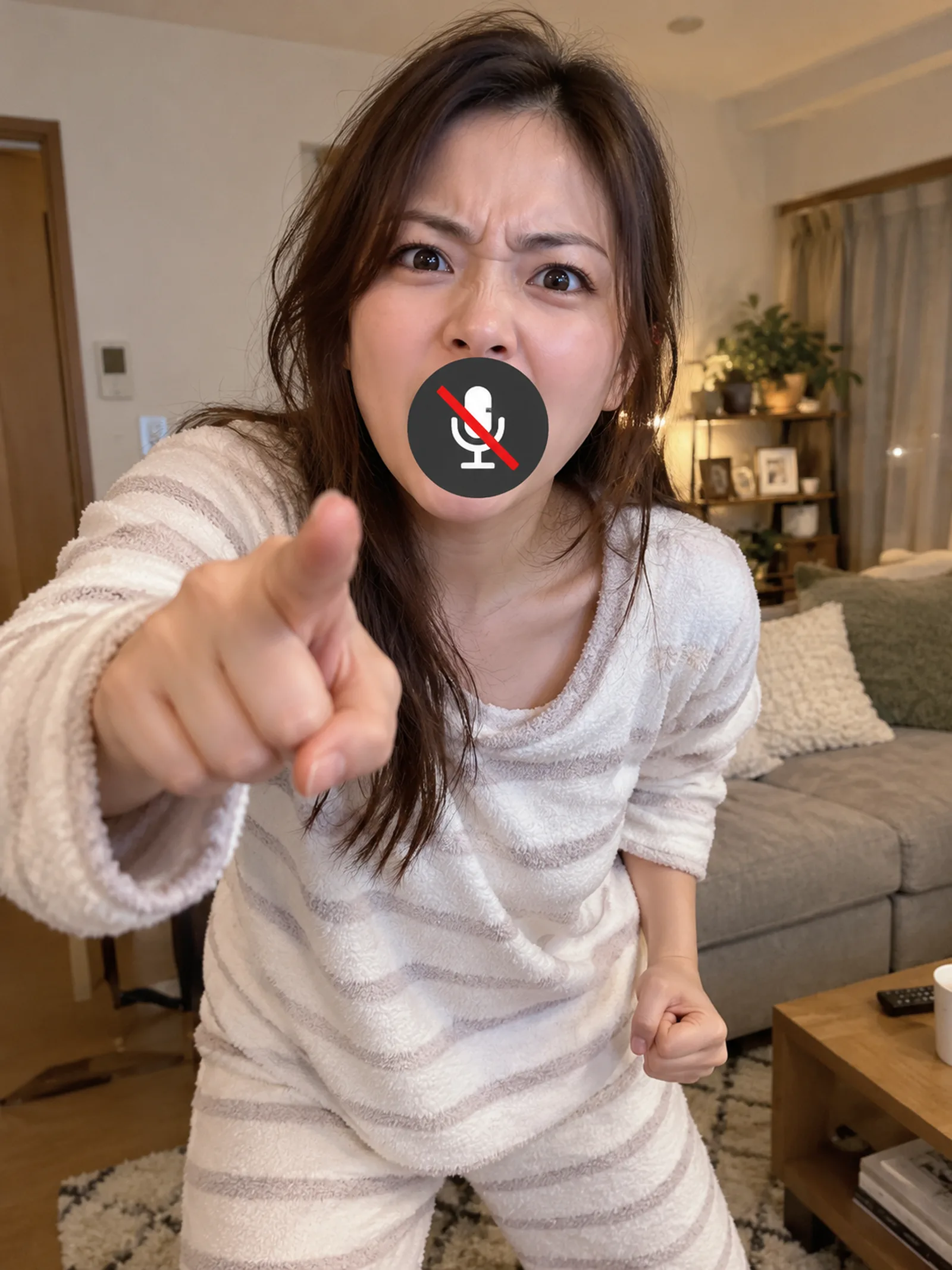 3:4縦長、背景は自宅、部屋着、こちらを向いて何かを大きな声で叫んでいる様子、口