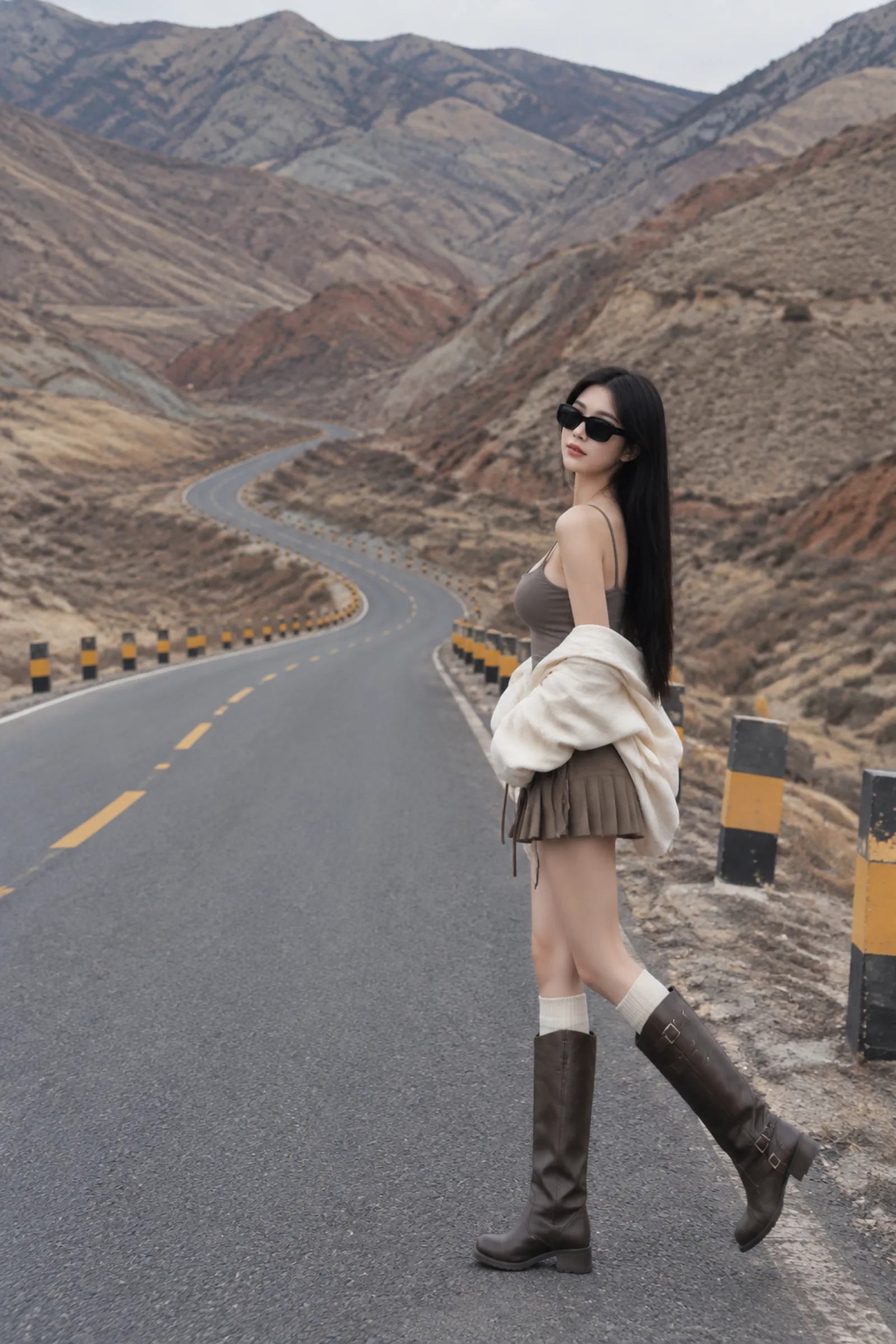 写实户外旅行时尚摄影，2:3竖幅，全身环境人像。画面保留大面积起伏荒山和蜿蜒公路