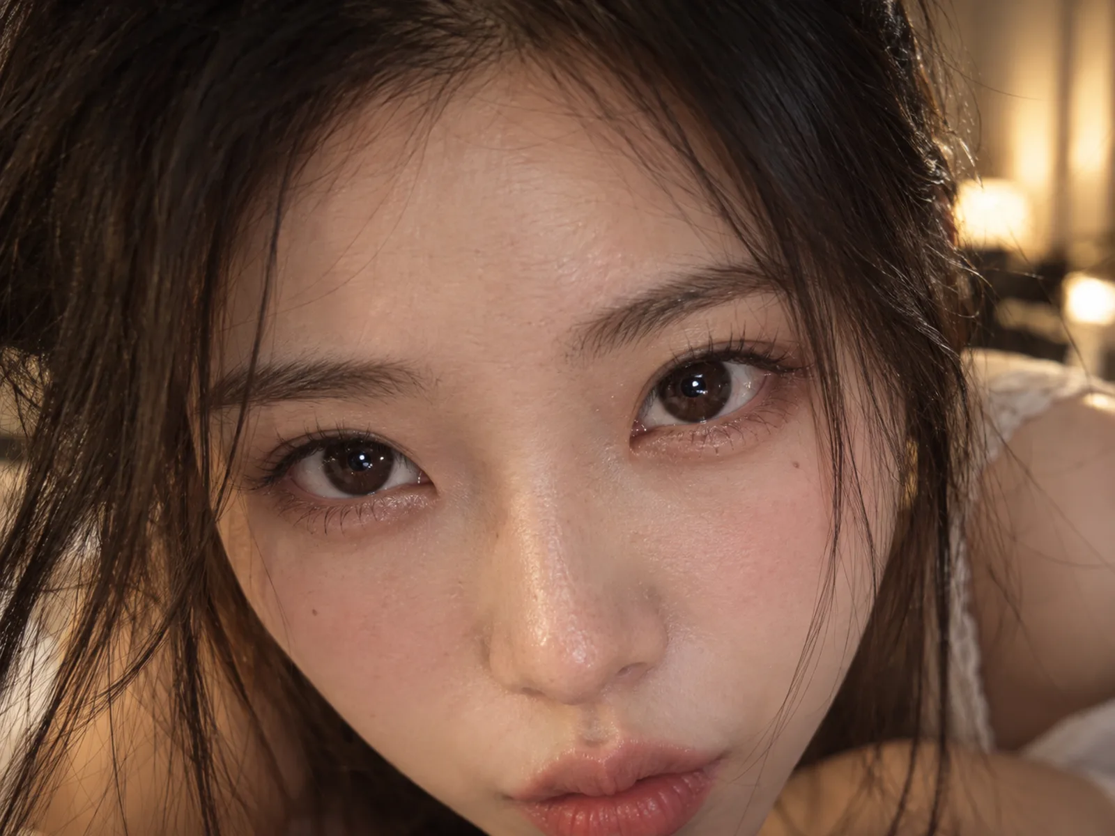 一张电影情节片段式超近景，成年东亚女生正面弯腰低头靠近镜头，脸部几乎占满整个画面