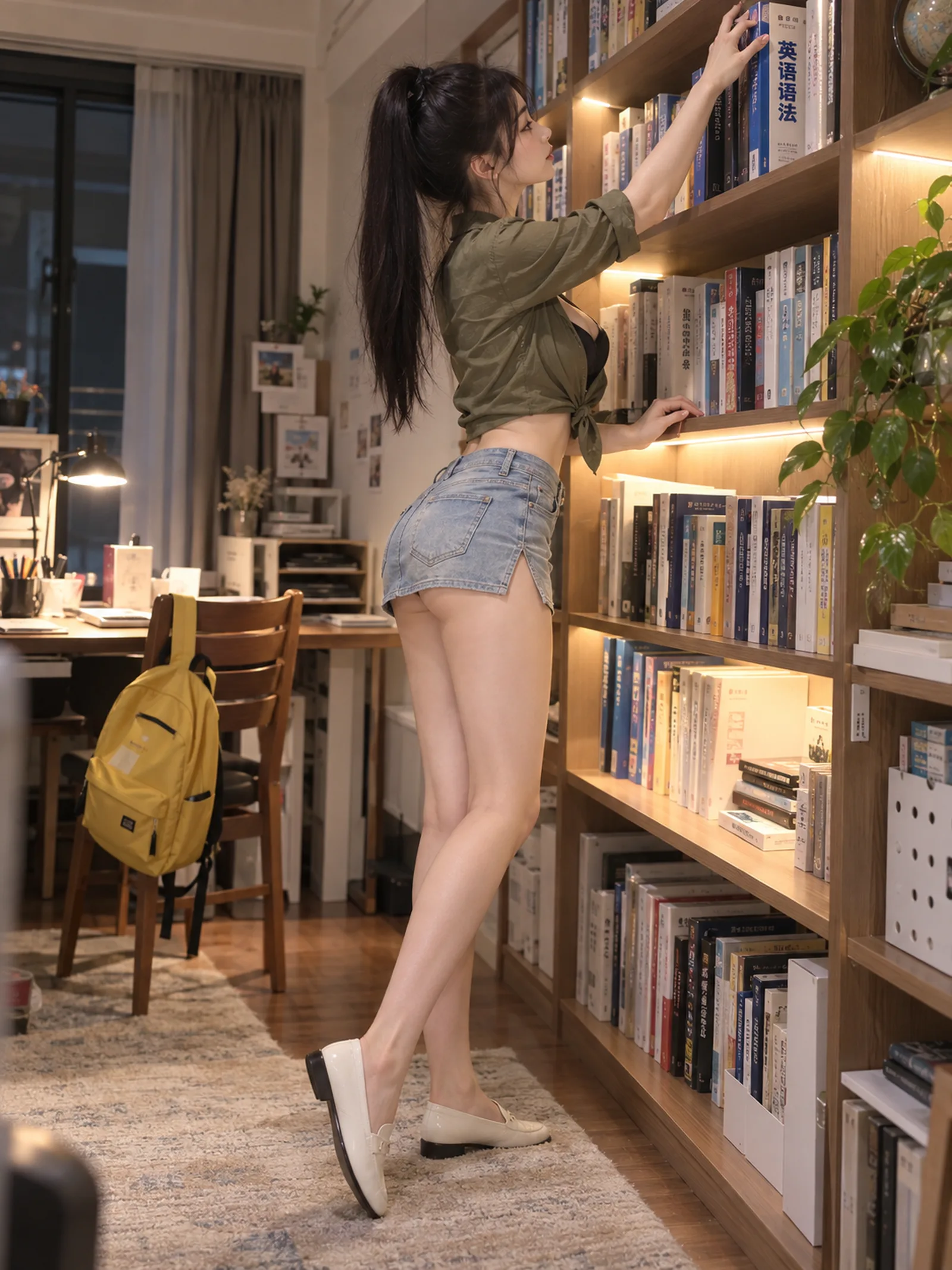 超写实公寓书房书架手机纪实抓拍，竖版约 3:4。明确成年的 23 岁东亚女性，家