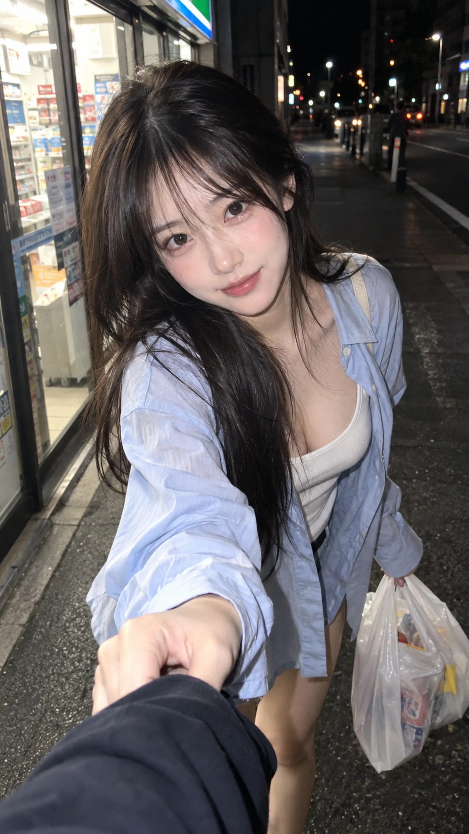 9:16，CCD direct flash，韩系女友视角深夜街拍，便利店刚买完东