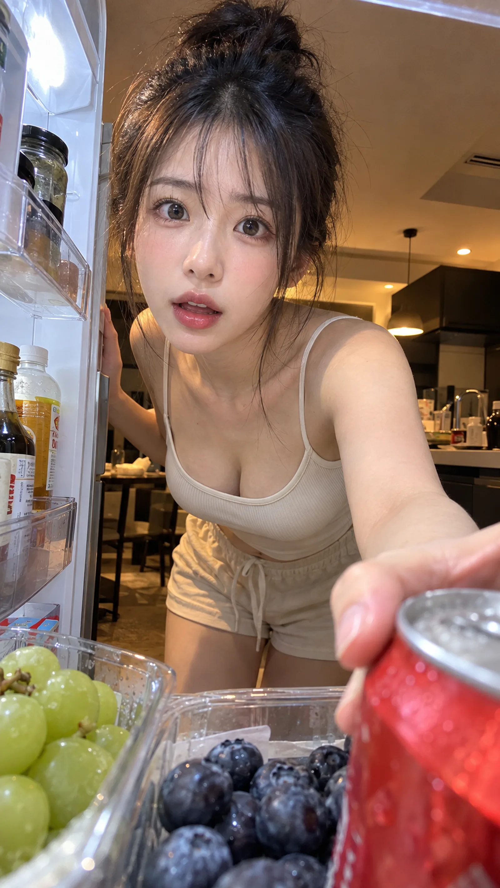 超写实真人生活摄影，第一人称冰箱内部视角，极近距离广角抓拍，真实iPhone手机