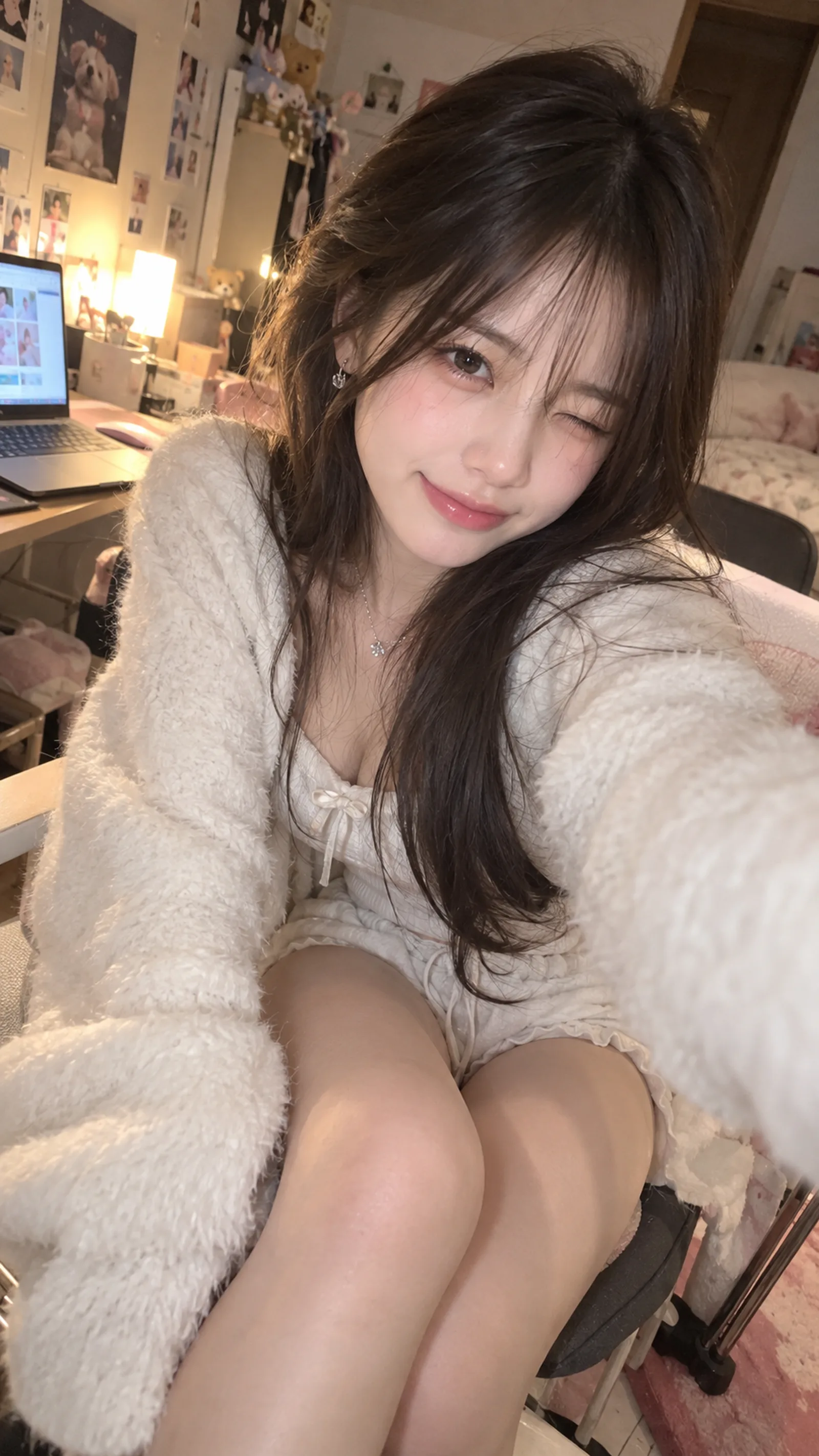 Ultra-realistic low-angle selfie of a be