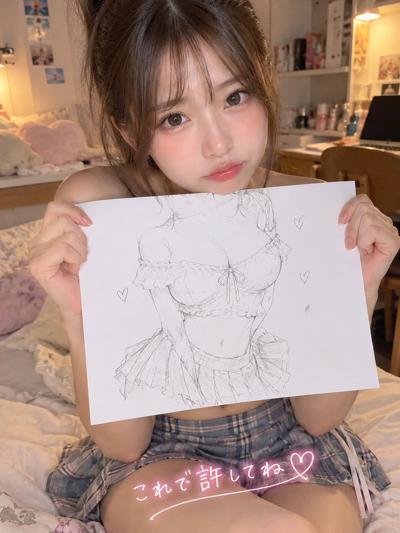 3:4縦長 小さなオフショルダーな服、プリーツスカート、自室、紙には隠れた部分の