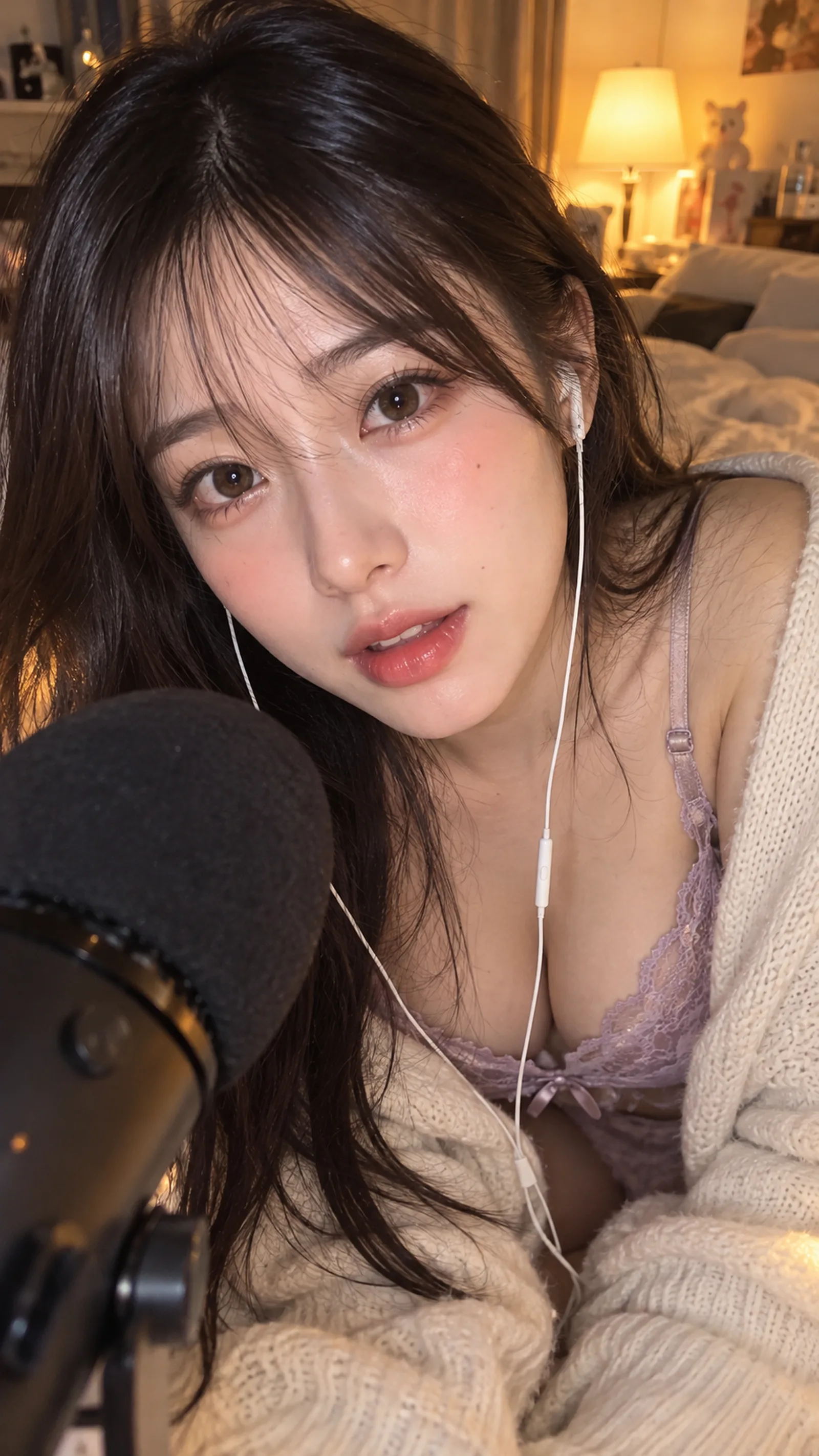 27岁成年东亚美女 + 黑色长发空气刘海 + 薰衣草紫蕾丝吊带 + 米白色宽松针